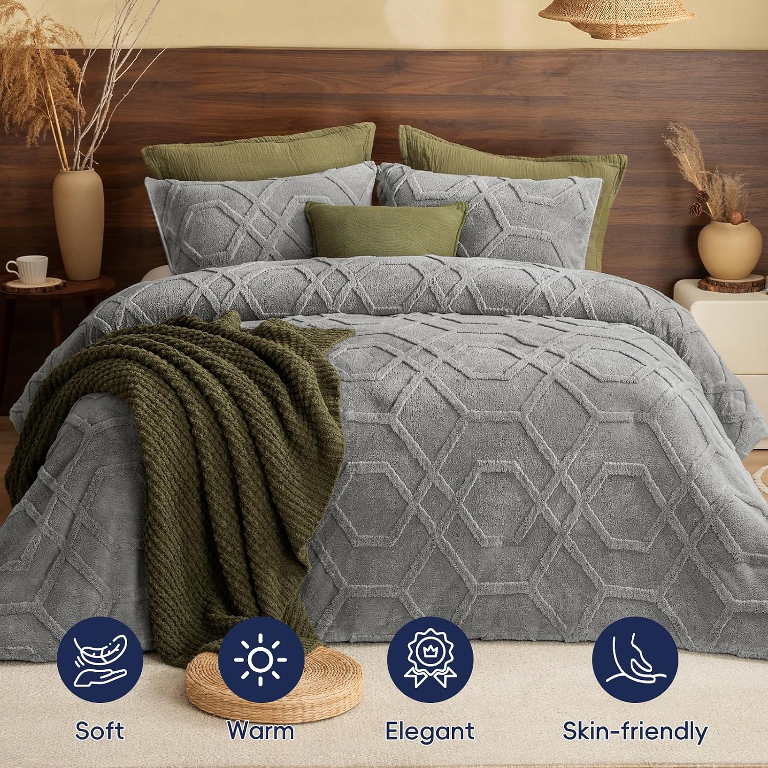 PHF Warm Sherpa Fleece Queen Comforter Set, 3D Tufted Fluffy Grey Bedding for Winter, Soft 3 Pieces Shaggy Bed Set, 1 Comforter (90"x90") and 2 Pillowcases (20"x26")