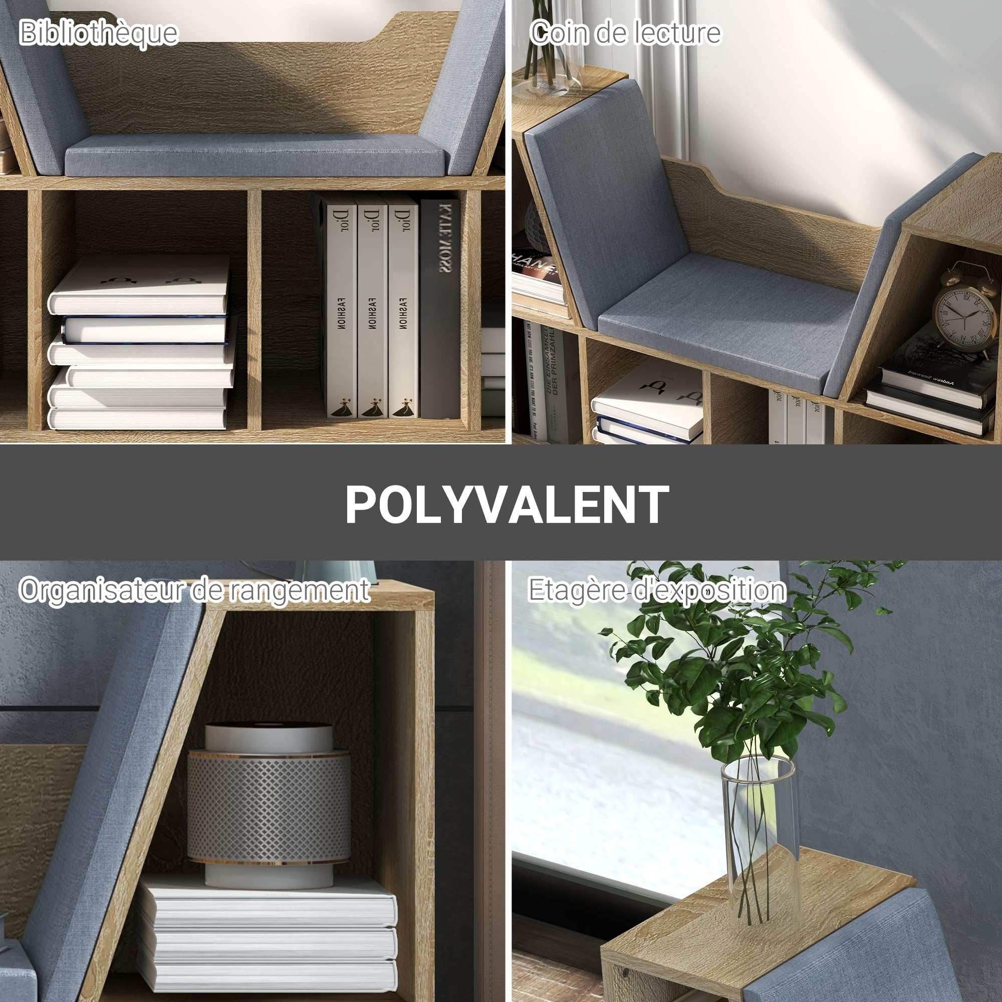 HOMCOM Bibliothèque Banc 2 en 1 avec Coussins de siège, étagère Cube 6 Compartiments Ouverts et 2 Niveaux, Meuble de Rangement pour Salon, Chambre à Coucher, Bureau, 102 x 30 x 61 cm, chêne