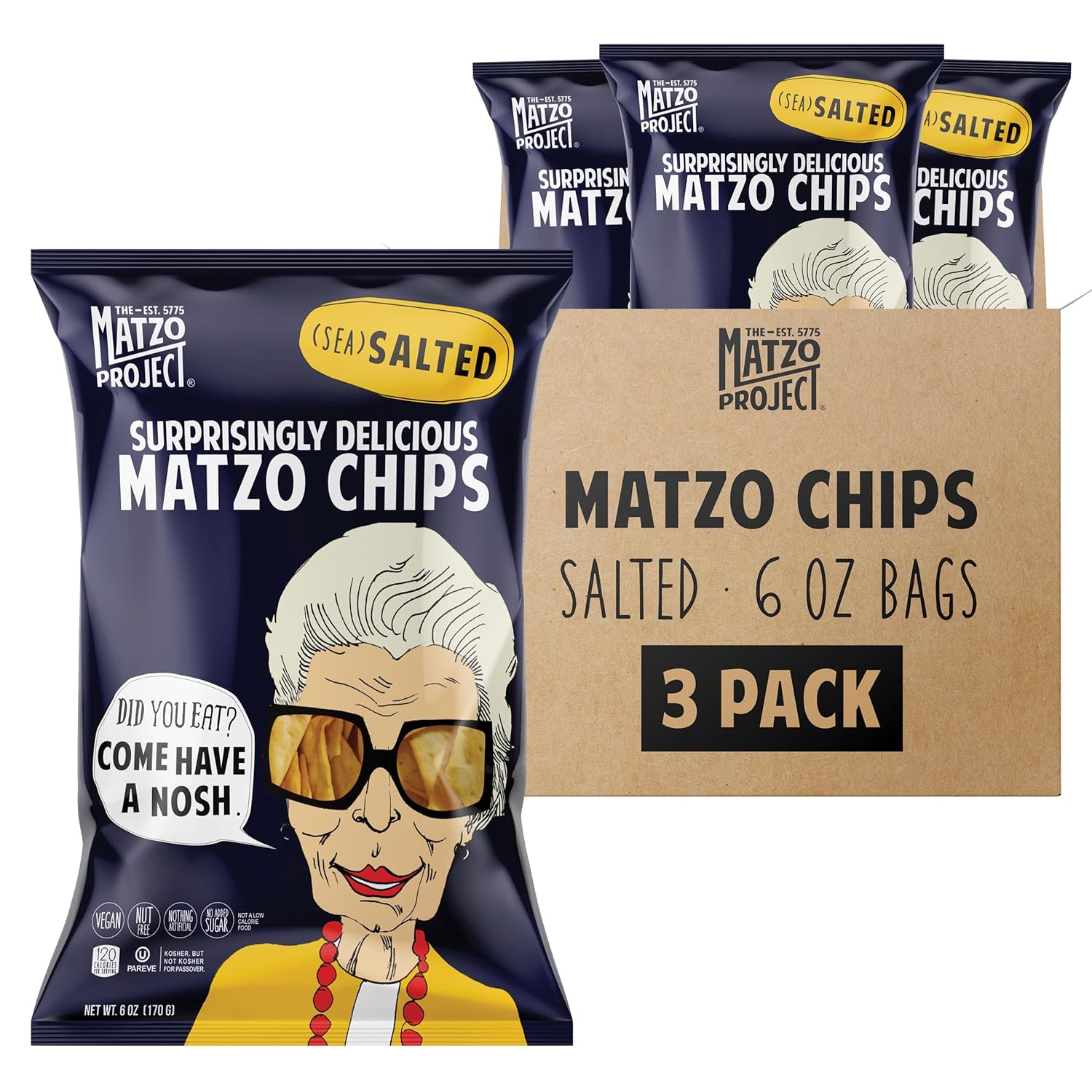 The Matzo Project Crispy Matzo Chips, Sea Salt Flavor, Vegan, Nut Free, Back-to-School Snack Packs, 3-Pack, 6 oz. Each, Kosher but NOT Kosher for Passover