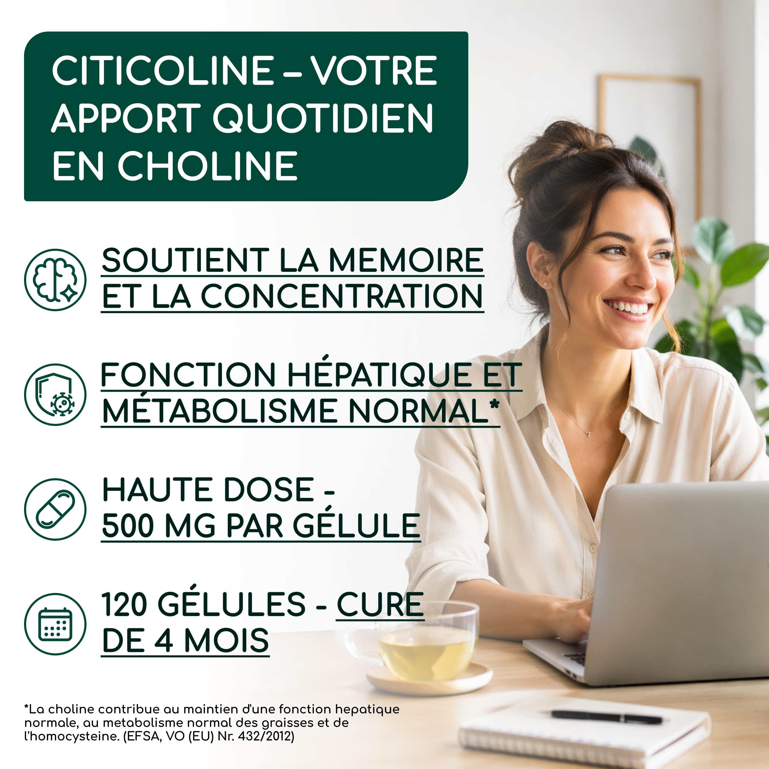 CDP-Choline (Citicoline) 500 mg - Cure de 4 Mois, 1 Gélule par Jour - Forme Bioactive de Choline - 120 Gélules de Citicoline - Sans OGM, Sans Additifs, Végan, Testé en Laboratoire