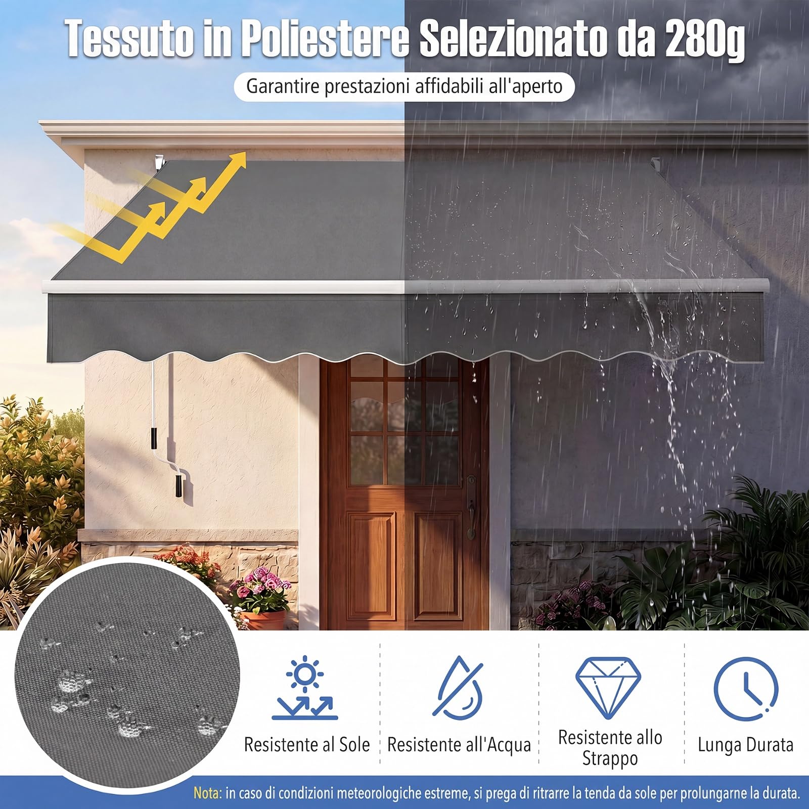 COSTWAY Tenda da Sole per Esterno Avvolgibile a Bracci Estensibili in Alluminio Impermeabile Grigio 245 x 200 cm