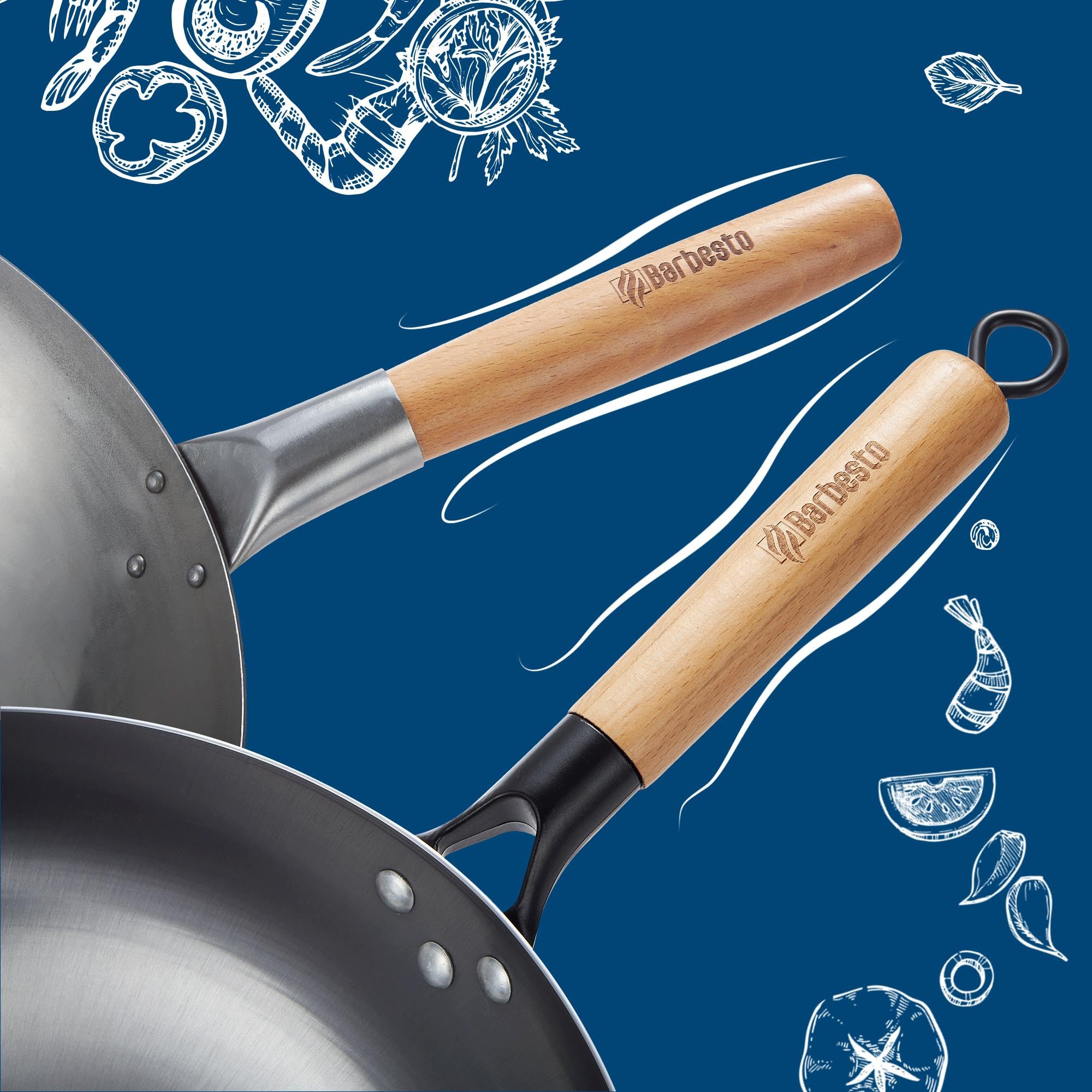 CLP Set wok en acier carbone I Fond plat ou rond pour gaz, induction et gril I Poêle wok avec poignée en bois, livre de recettes & spatule wok, Forme:plate