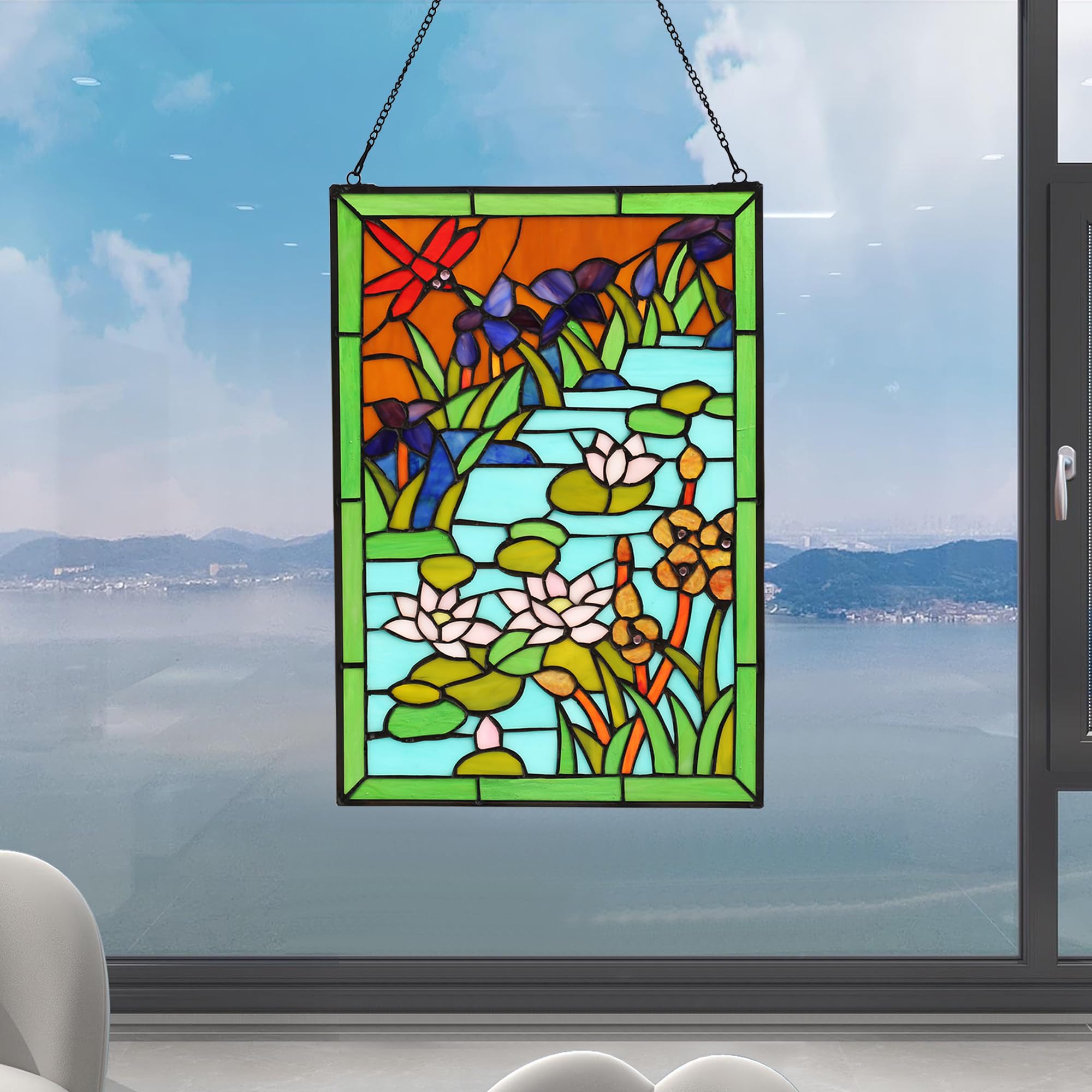 YOURANJU Buntglas-Fensterdekoration, Tiffany-Pflanzenstil, rechteckig, 40,6 x 27,9 cm, Fenster-Sonnenfänger, perfekter Fensterbehang, Einweihungsgeschenk (mit Kettenhaken)
