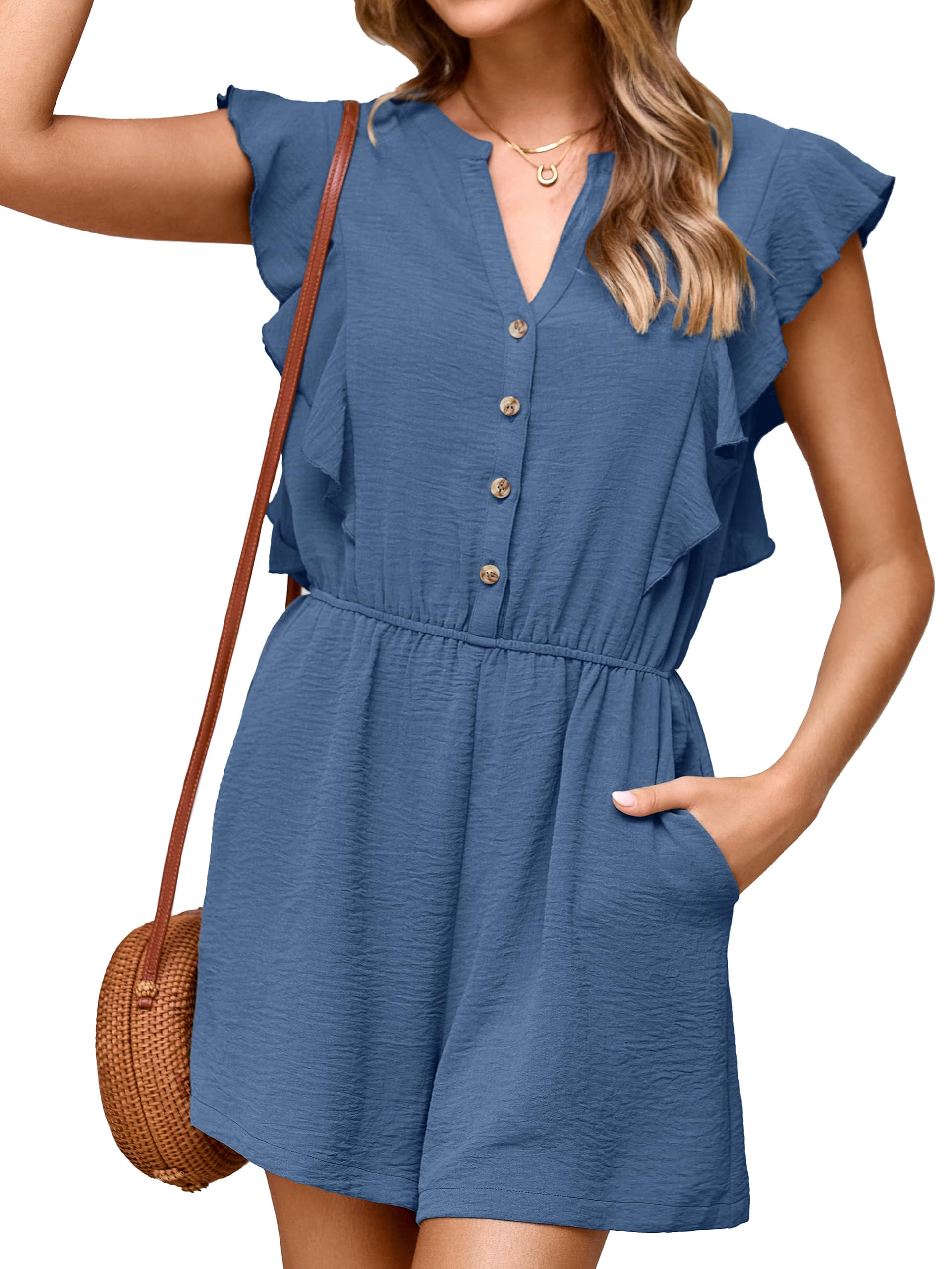 Simplee Apparel Womens Summer Romper - Flutter Sleeve Cruise Outfits Button Casual Wide Leg Jumpsuit Dressy with Pockets