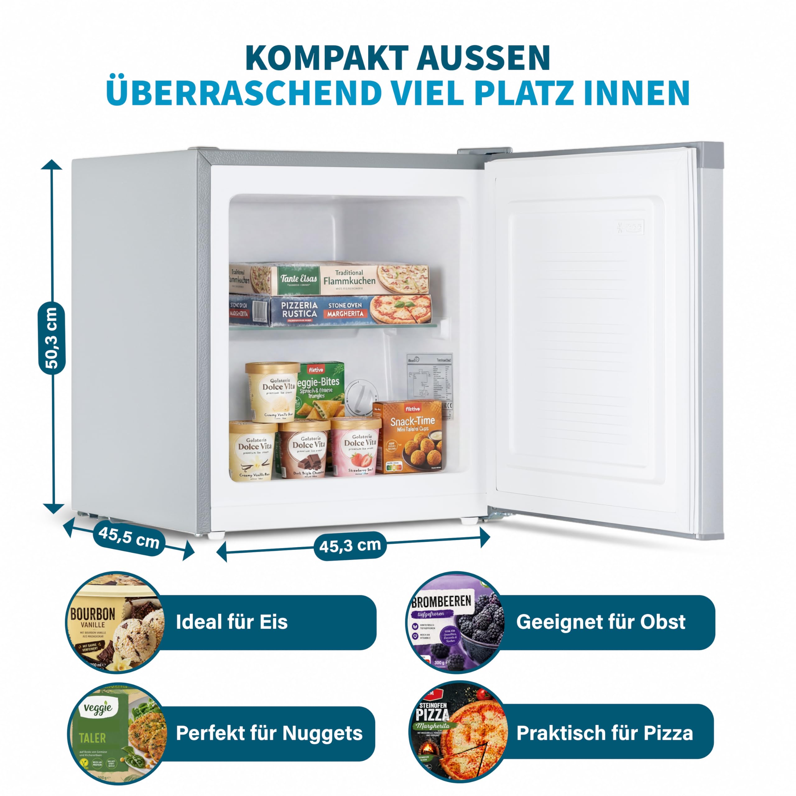 Mini Gefrierschrank 32 L, Glasablage, 4-Sterne-Gefrierbox bis -18 °C, kompakter Tiefkühlschrank, leise 39 dB, manuelle Temperaturregelung, freistehend, Silber