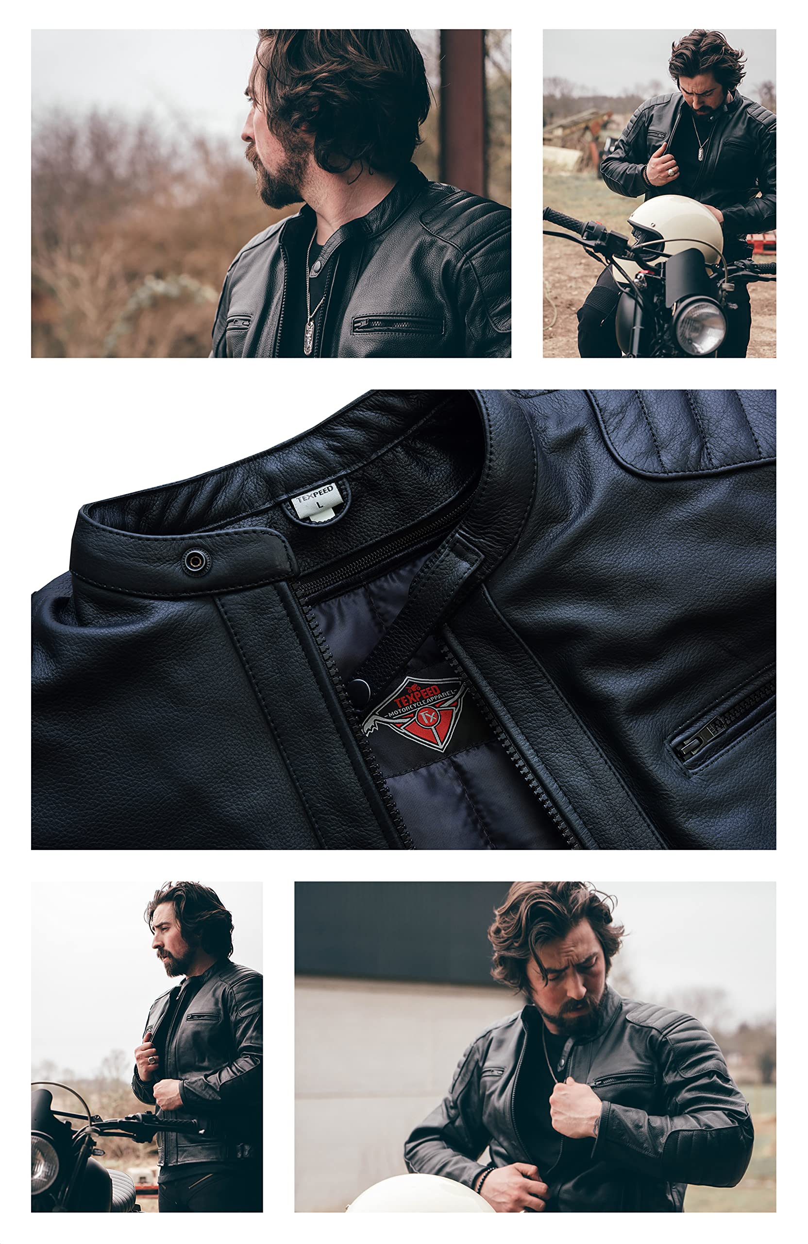Texpeed Chaqueta de moto de cuero para hombre - Chaqueta de moto Touring con protección de armadura auténtica Biker CE (EN 1621-1) Diseño con costuras acolchadas - Negro - L