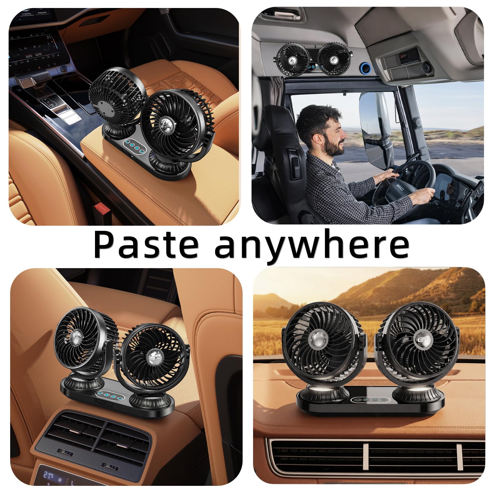 Ventola per auto a doppia testa, 12 V, 24 V, universale, oscillante a 270°, per veicoli, con 2 porte di ricarica USB, rotazione a 360° che soffiano aria fredda per camion SUV
