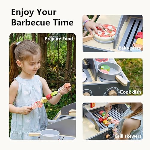 Miniatura 2 de Juego de parrilla de madera para niños, juego realista de barbacoa con herramientas para asar y alimentos, juguete de parrilla para niños a partir