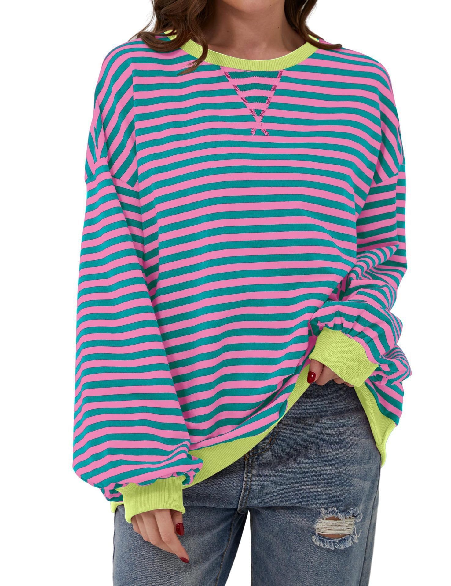 Sudadera de gran tamaño a rayas con cuello redondo para mujer, manga larga, casual, ajuste holgado, hombros caídos, uso diario