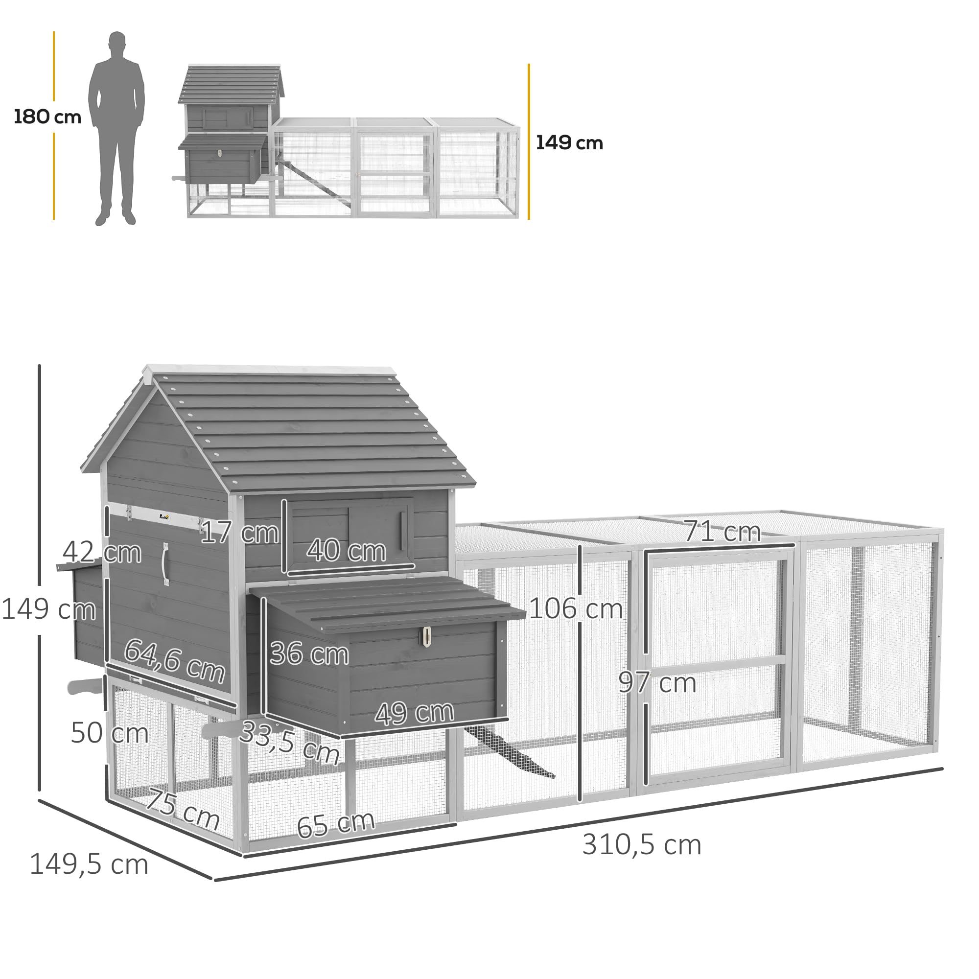 PawHut Gallinero Grande de Madera 4-6 Gallinas 310,5x149,5x149 cm Gris | Gallinero para Exterior, 2 Ventanas, Puertas, 2 Nidos, Bandeja Extraíble, Rampa, Fácil de Limpiar
