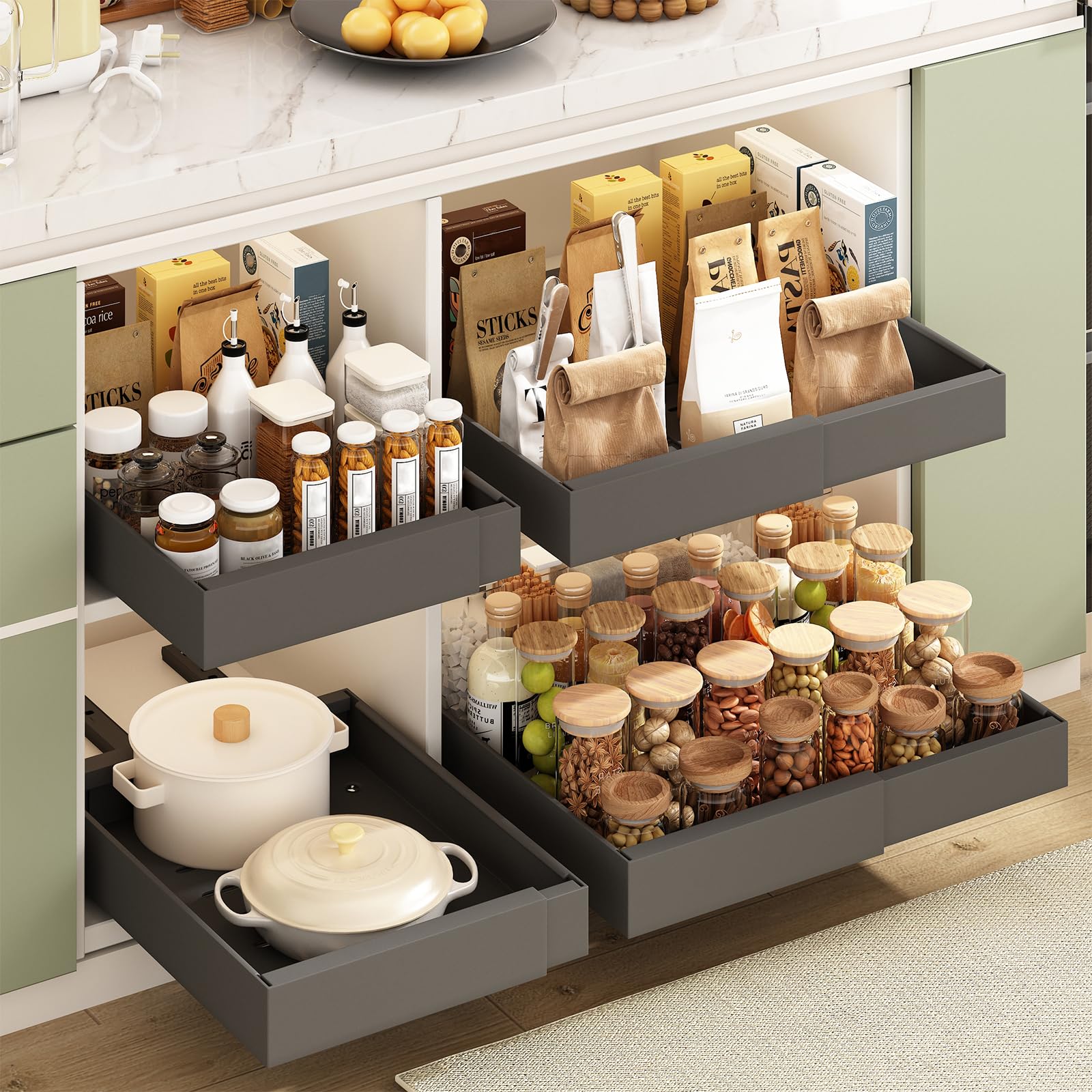 Mointal Küchen Teleskopschublade mit Kleber, Ausziehbarer Schrank Organizer, Breite Einstellbar (32-52cm), Aufbewahrung Schubladen Organizer für Haus/Küche/Badezimmer/Wohnzimmer
