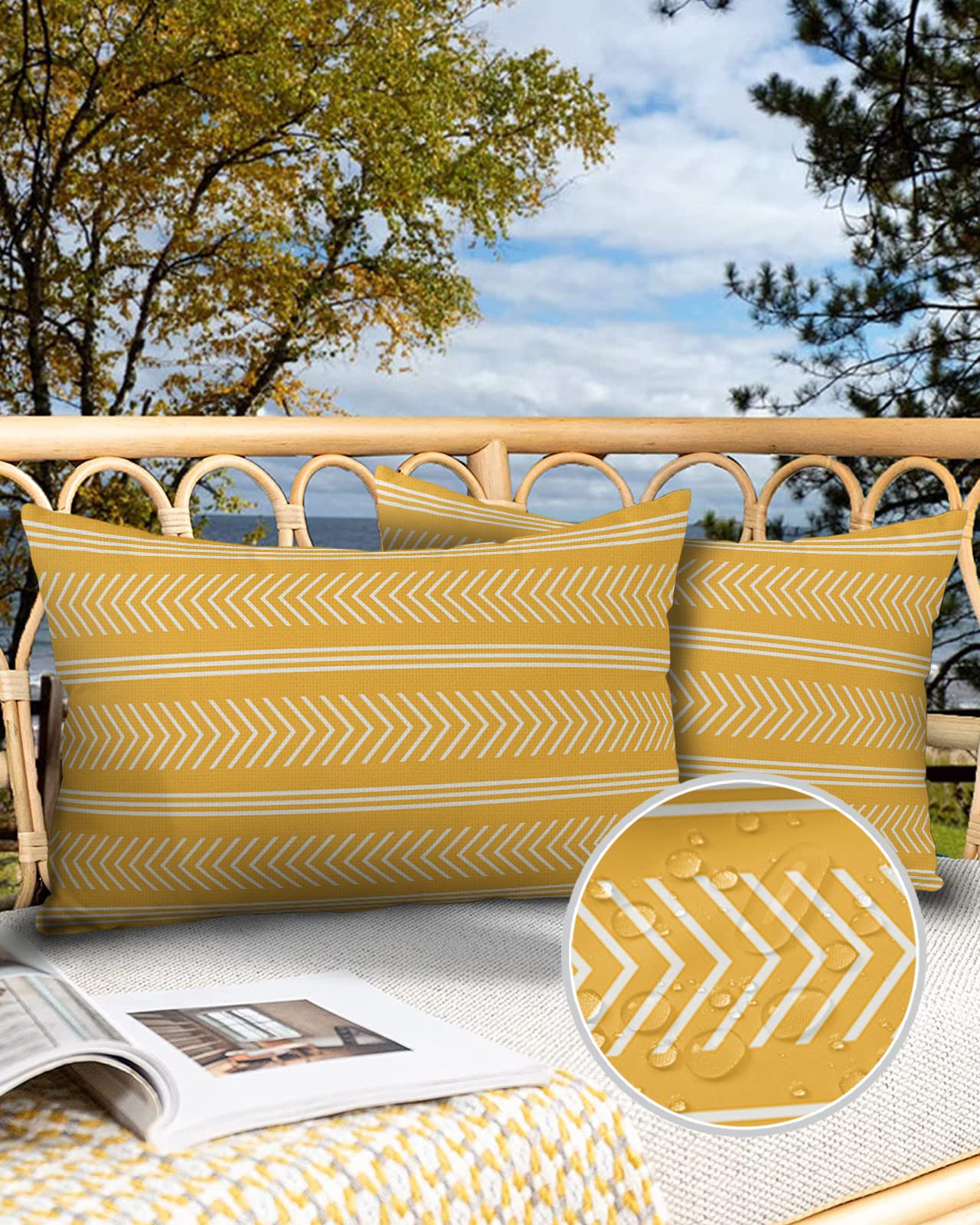 Edwiinsa Outdoor Pillow Covers Waterproof, Yellow Arrrow All Weather Cushion Case Set of 2, Geometric White Line Yellow Lumbar Pillowcase for Sofa Couch Bed Decor Patio Furniture 20