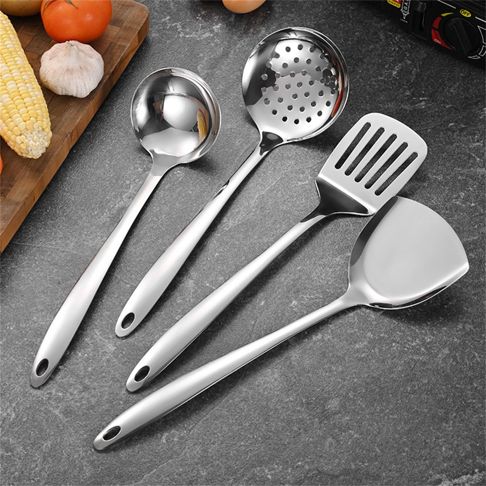 Lot de 7 ustensiles de cuisine en acier inoxydable - Outil de cuisine essentiel - Avec fente - Tuner - Cuillère de service - Ustensiles de cuisine