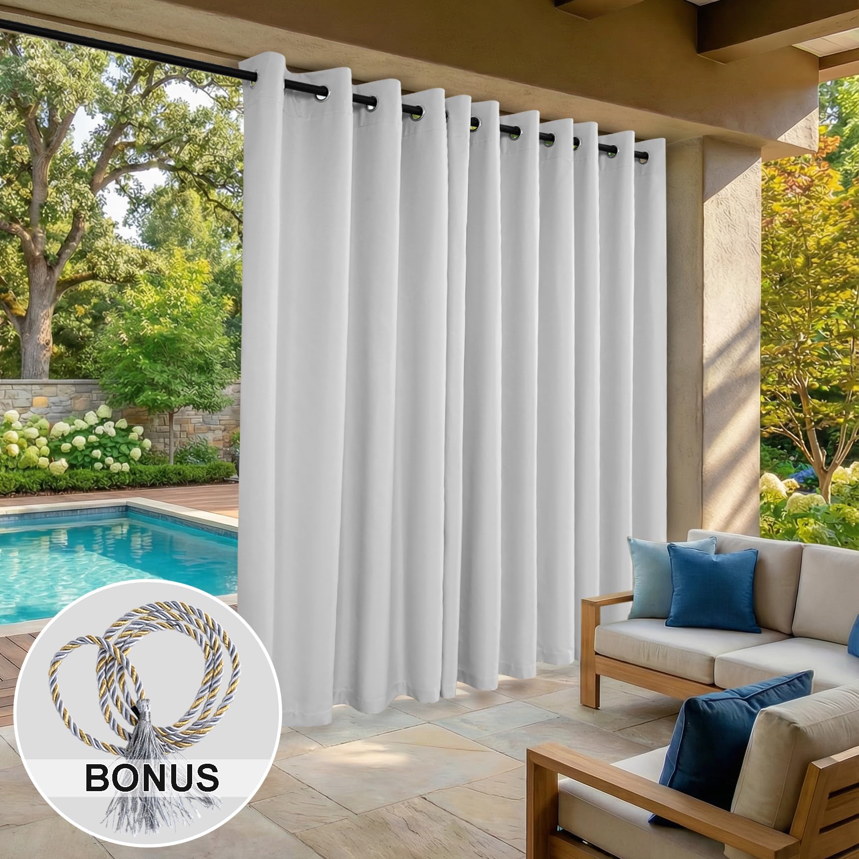 Outdoor Vorhang Wetterfest Mit Ösen, Outdoorvorhänge Wasserdicht Outdoor Gardinen Sonnenschutz Sichtschutz für Balkon Pergola Terrasse Veranda (132x215cm, 1 Stück, Grau-Weiß)