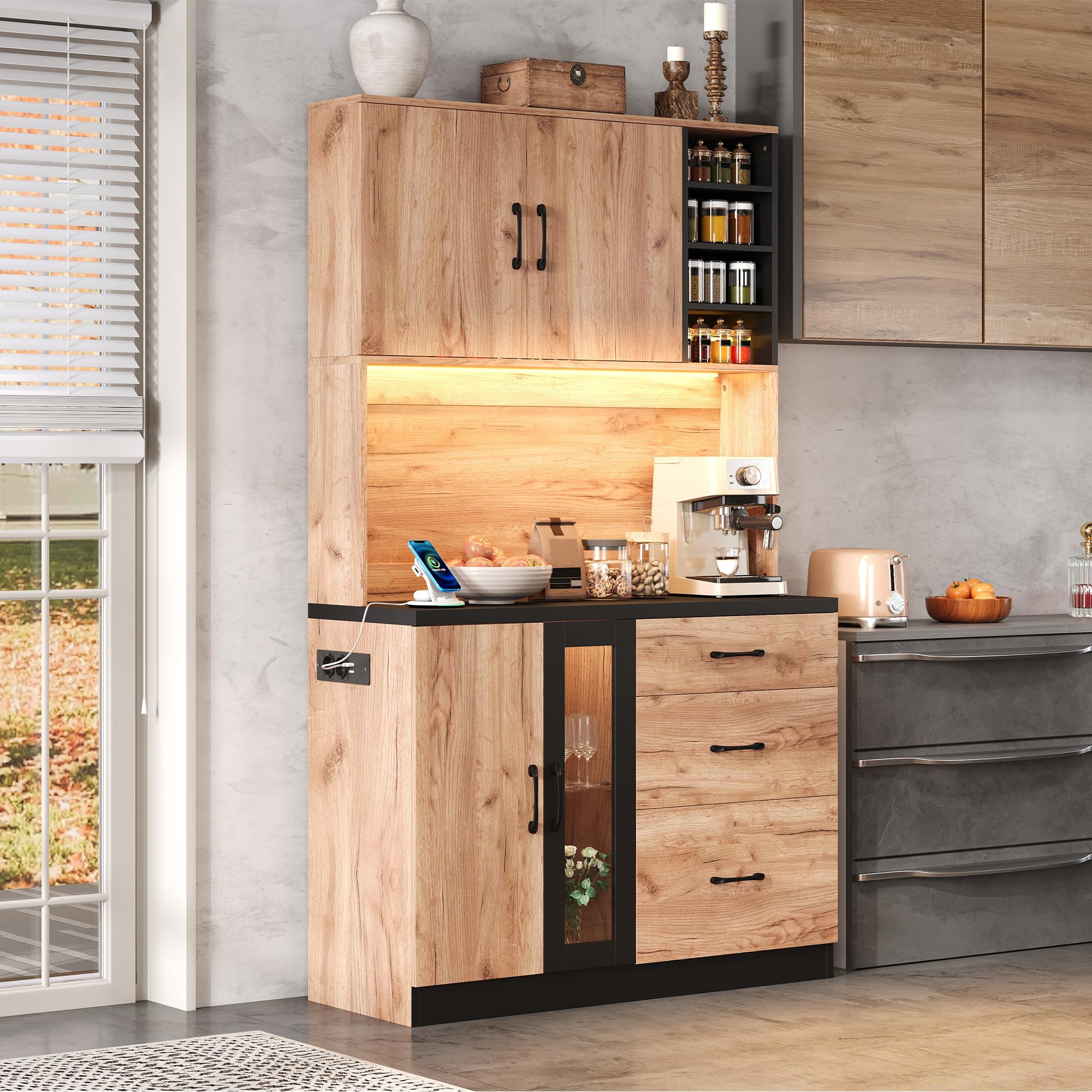 Mobile moderno da cucina, 105 × 38,3 × 180 cm, nero + effetto legno, ripiani regolabili, adatto per cucina, sala da pranzo, soggiorno