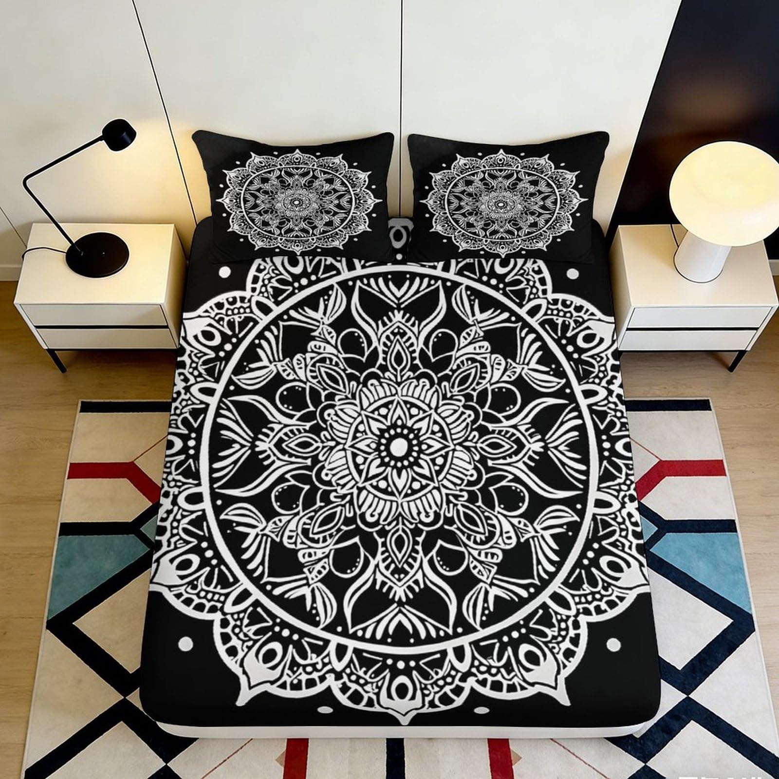 3D Printed Mandala Pattern Fitted Sheet Microfiber Soft Durable Black White Geometric Mattress Cover for Bedroom Dormitory Guest Room Protection 120x200x25cm