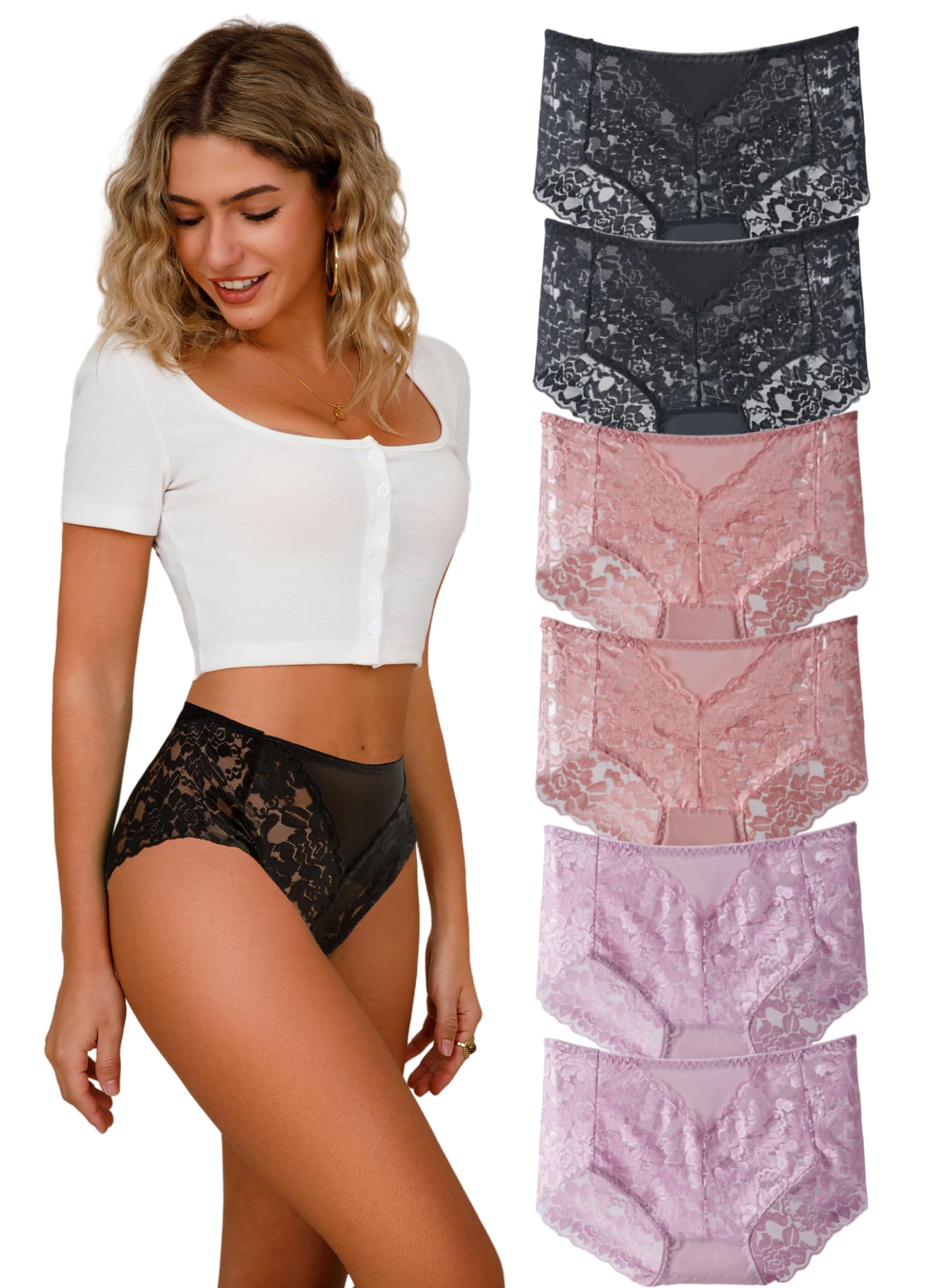 Cinvik Sexy High Waisted Underwear for Women Plus Size Briefs Breathable Lace Panties High Waisted Cheekster Granny Panties