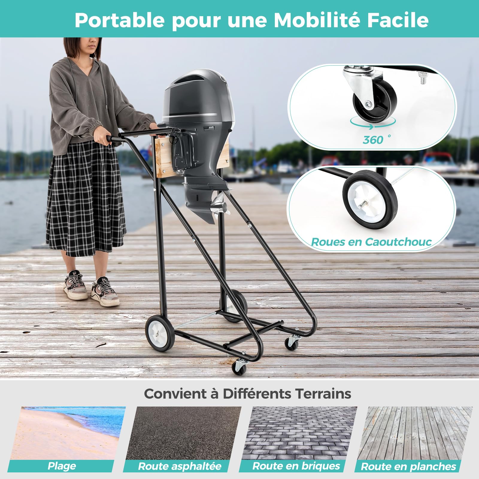 GOPLUS Chariot de Transport de Moteur de Bateau Hors-bord, Support Robuste avec Planche de Contreplaqué Epais et Solide, 4 Roues Lisses, Poignée Ergonomique, pour Réparation, Transport