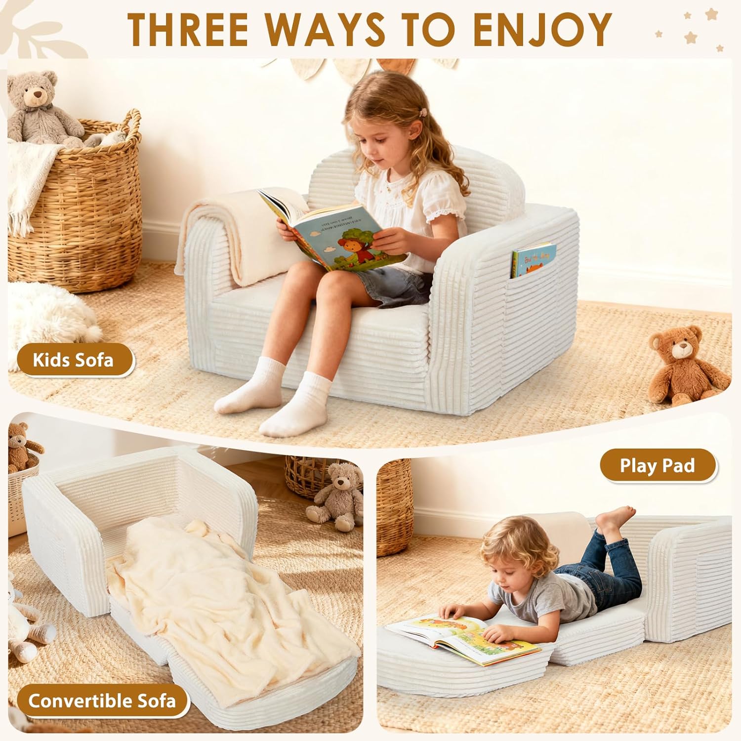 Foryoomi 2 in 1 Convertible Kids Couch - Corduroy Fold Out Kids Sofa Chair with Blanket, Comfy Comfortable Toddler Chair, Machine-Washable Cover, for Boys Girls, Medium Cream