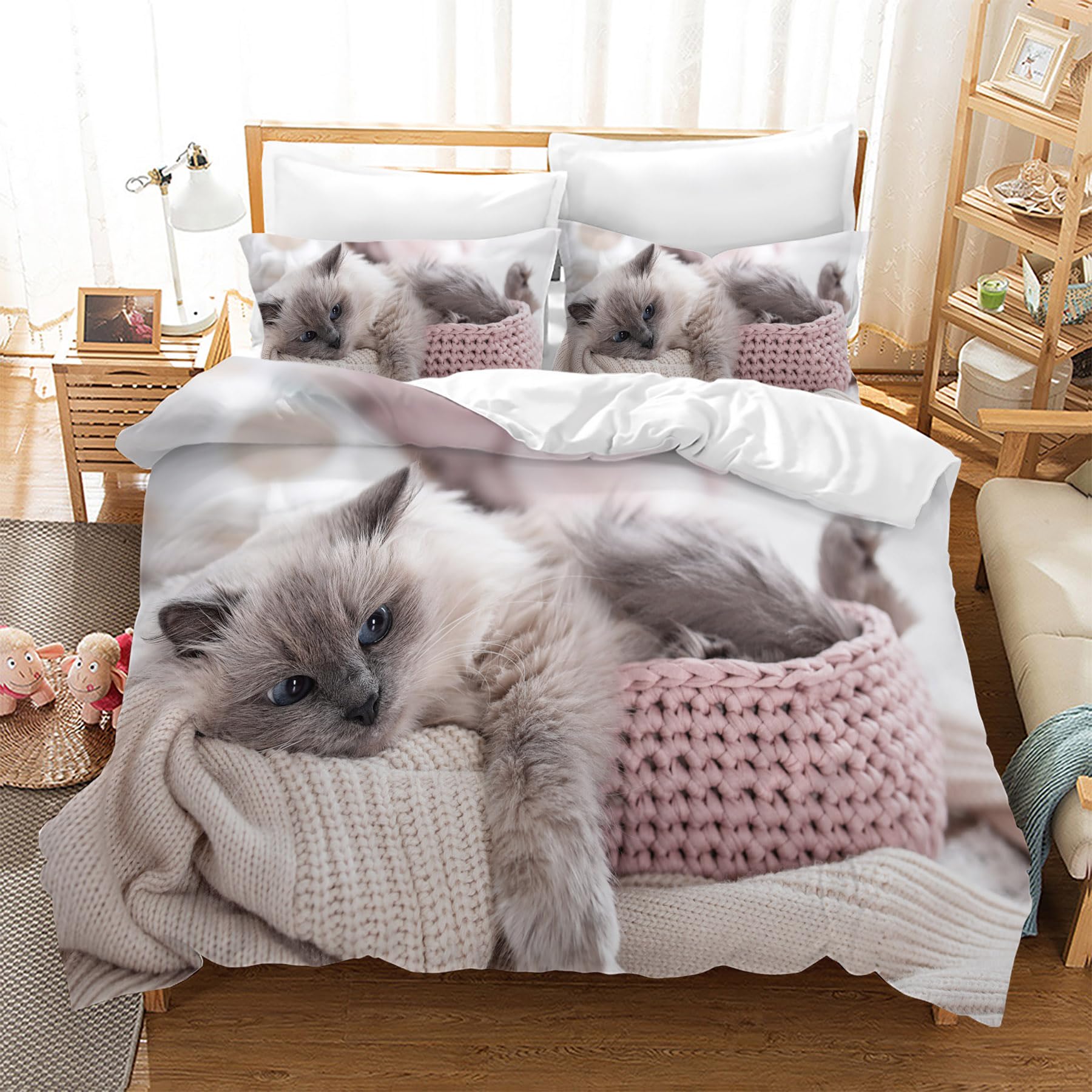 Yzehomijia Cat Duvet Cover Sets 200×200 cm, 3D Cat Print, 1 Pink Microfibre Duvet Cover + 2 Pillowcases 65×65 cm.(Cat3×200) - Image 3
