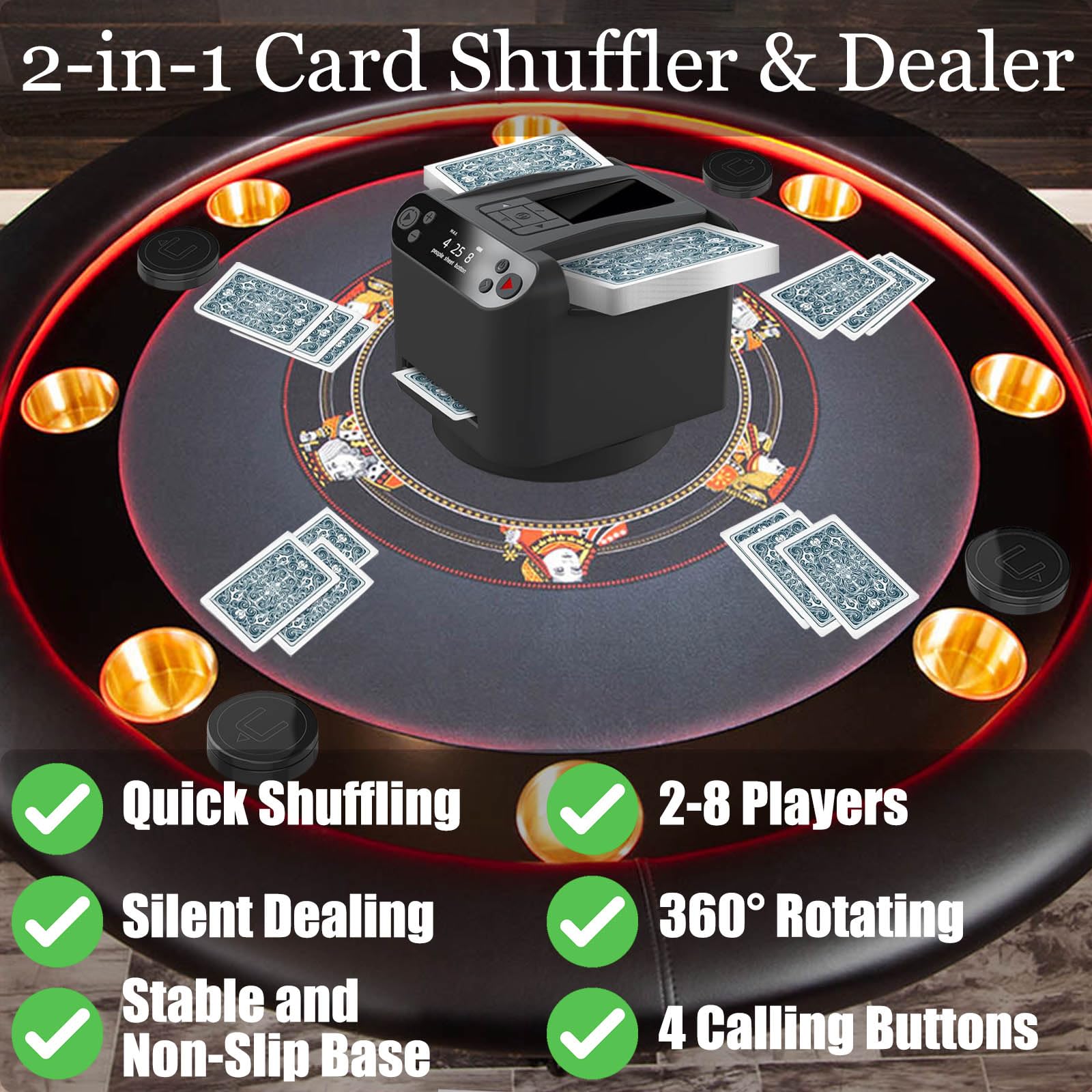 2-in-1 Automatic Card Shuffler and Dealer Machine, 360° Rotating Playing Cards Dispenser with 4 Remote Dealing Buttons, Rechargeable Cards Dealing Device for Casino Hold'em, Blackjack, Bridge, UNO