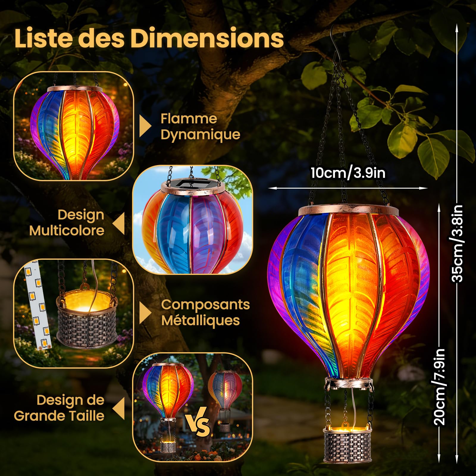 JONRRYIN 2PCS Lanterne Solaire Extérieur, Extra Grande 46,5x13,8 cm Montgolfière Lanterne Extérieur avec Effet de Flamme, Lumière Extérieure LED pour Terrasse, Balcon et Jardin