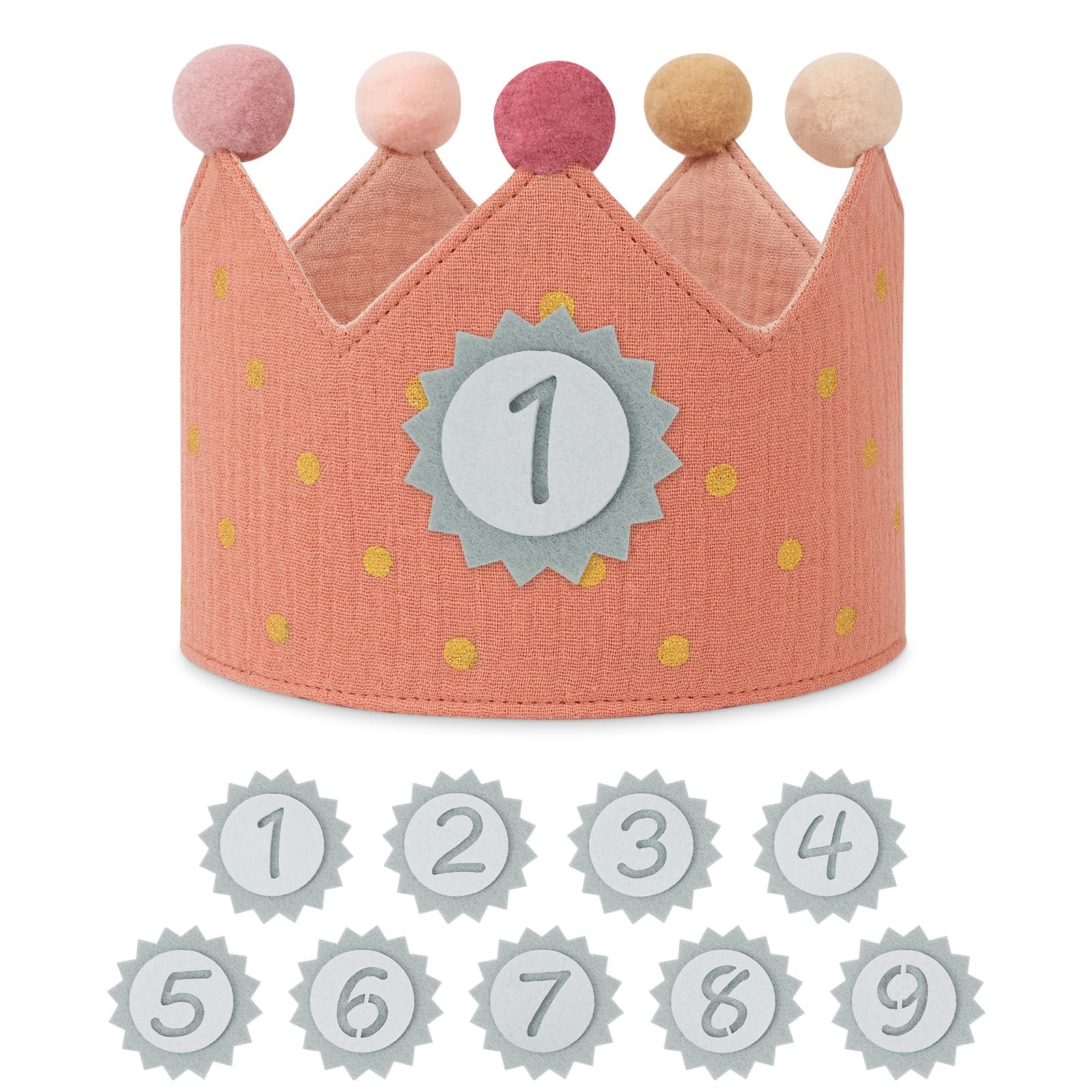 URAQT Geburtstagskrone Kinder, Geburtstagskrone Stoff, Geburtstag Kinderkrone, Krone Geburtstag für Jungs Mädchen mit Happy Birthday Spruchband und Auswechselbaren Zahlen von 1-9 (Dots - Rosa)