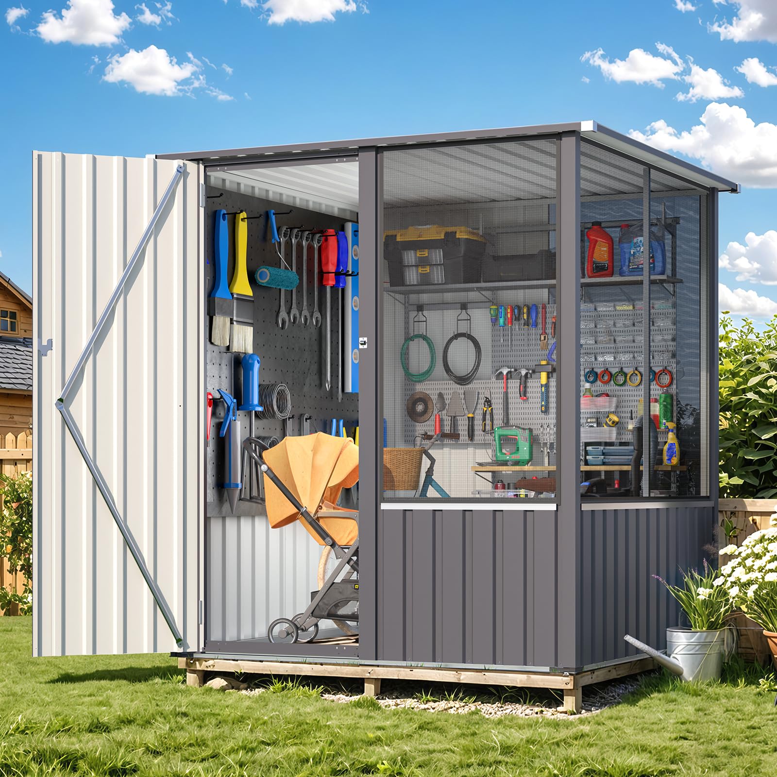 YODOLLA Großer Vogelvoliere außen, Metall Vogelkäfig für Finken, Grau | Wetterfeste Volieren-Erweiterungskomponente mit Beobachtungsfenster – für Garten, Balkon & Terrasse, 163x158x174cm