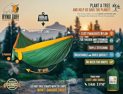Miniatura 2 de Ryno Tuff Hamaca extragrande para 2 personas para acampar en interiores y exteriores, hamaca doble compacta impermeable con bolsillo, correas para