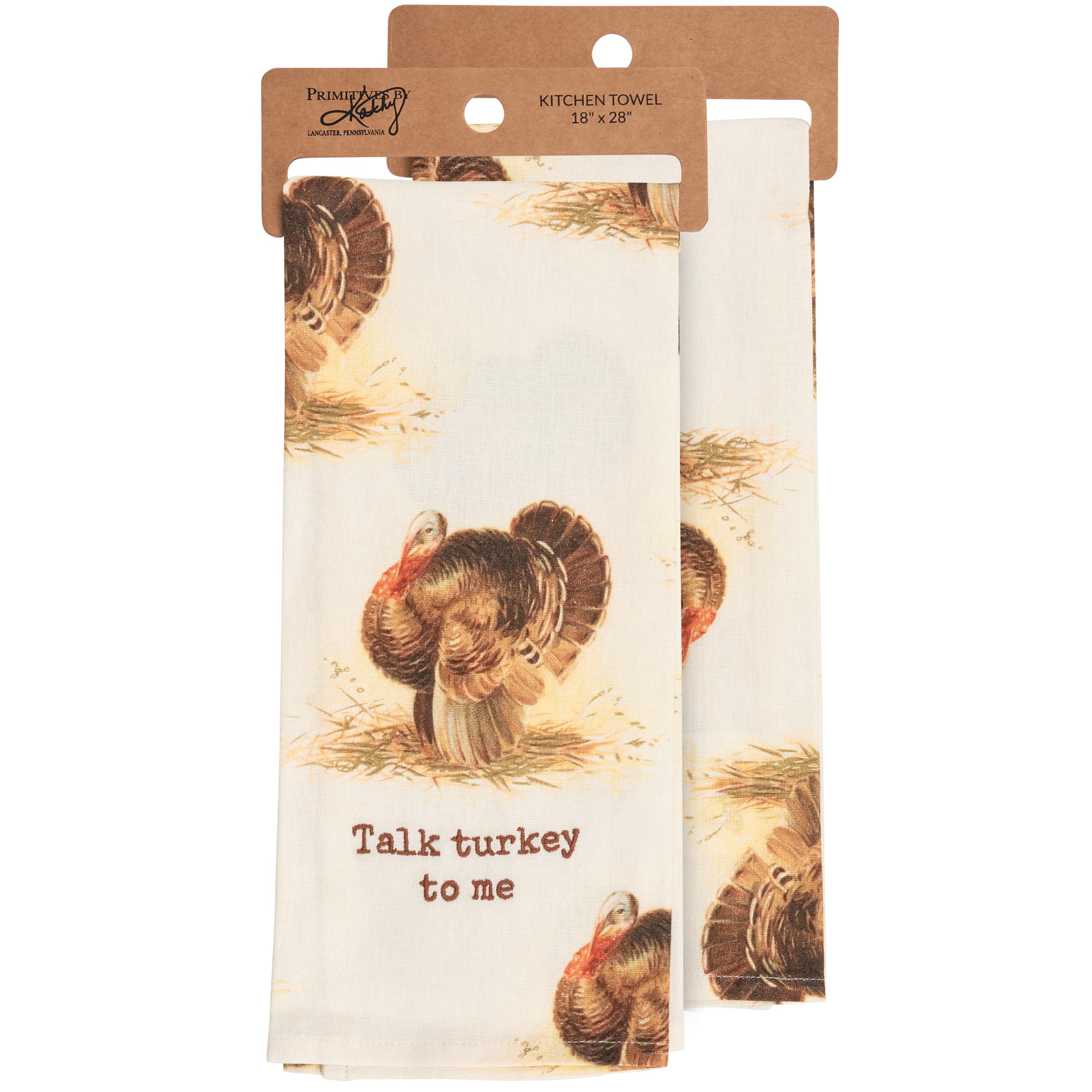 Primitives By Kathy Kitchen Towel, From Our Fall & Harvest Collection Displaying All-Over Vintage Designs Of Turkeys With A Coordinating Fall Inspired Pun That Reads Talk Turkey To Me