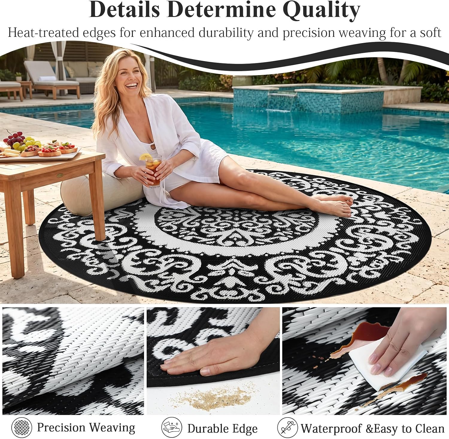 Homcomoda Round Outdoor Rugs for Patio 6ft Waterproof Clearance Reversible Patio Rugs Lightweight Outdoor Rugs Plastic Straw Rugs Portable RV Camping Rug Mat for Outdoor Porch Beach BBQ Beach Backyard image 3