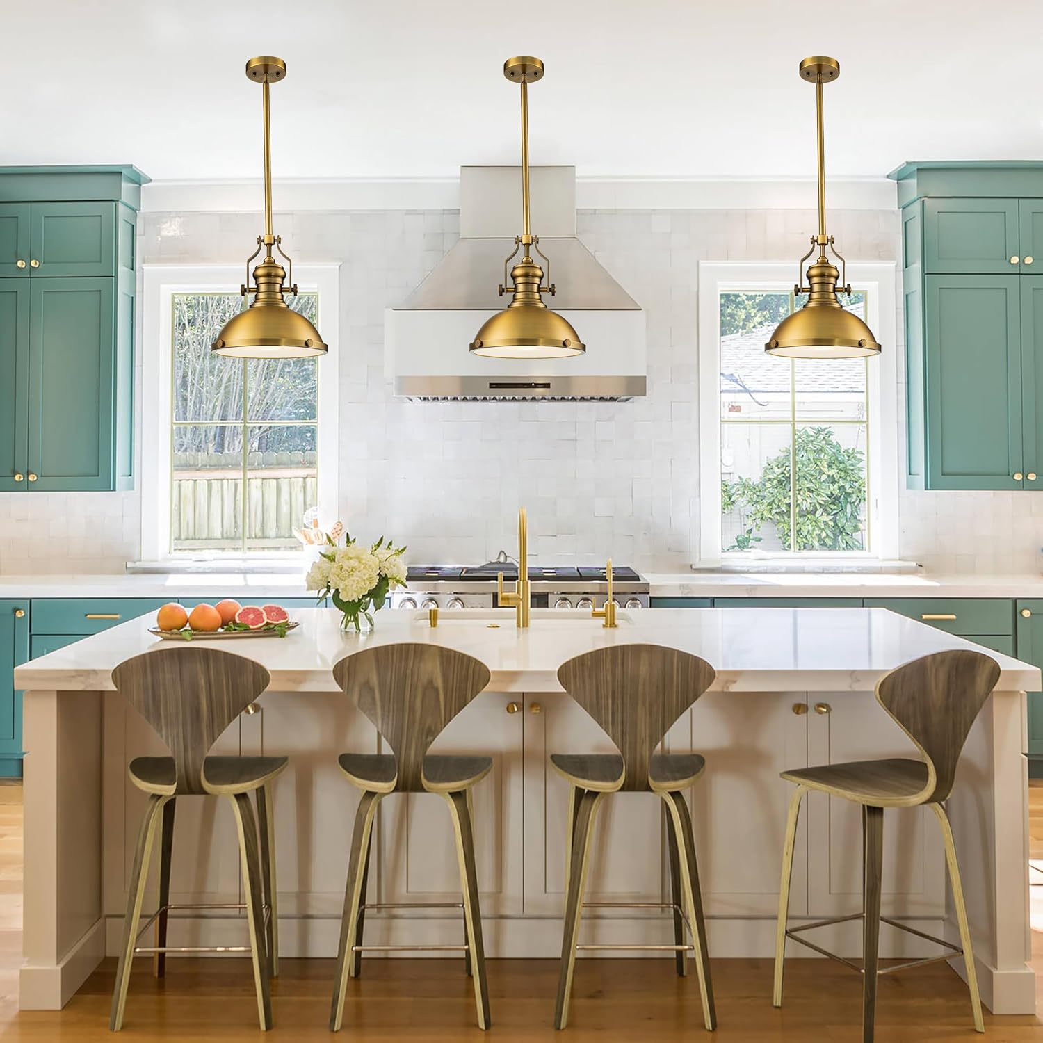 ALOADECOR 1-Light 13" Modern Industrial Antique Brass Gold Single Dome Pendant Light for Kitchen Island Vintage Rustic Chandelier Adjustable Hanging Light Fixture for Dining Room