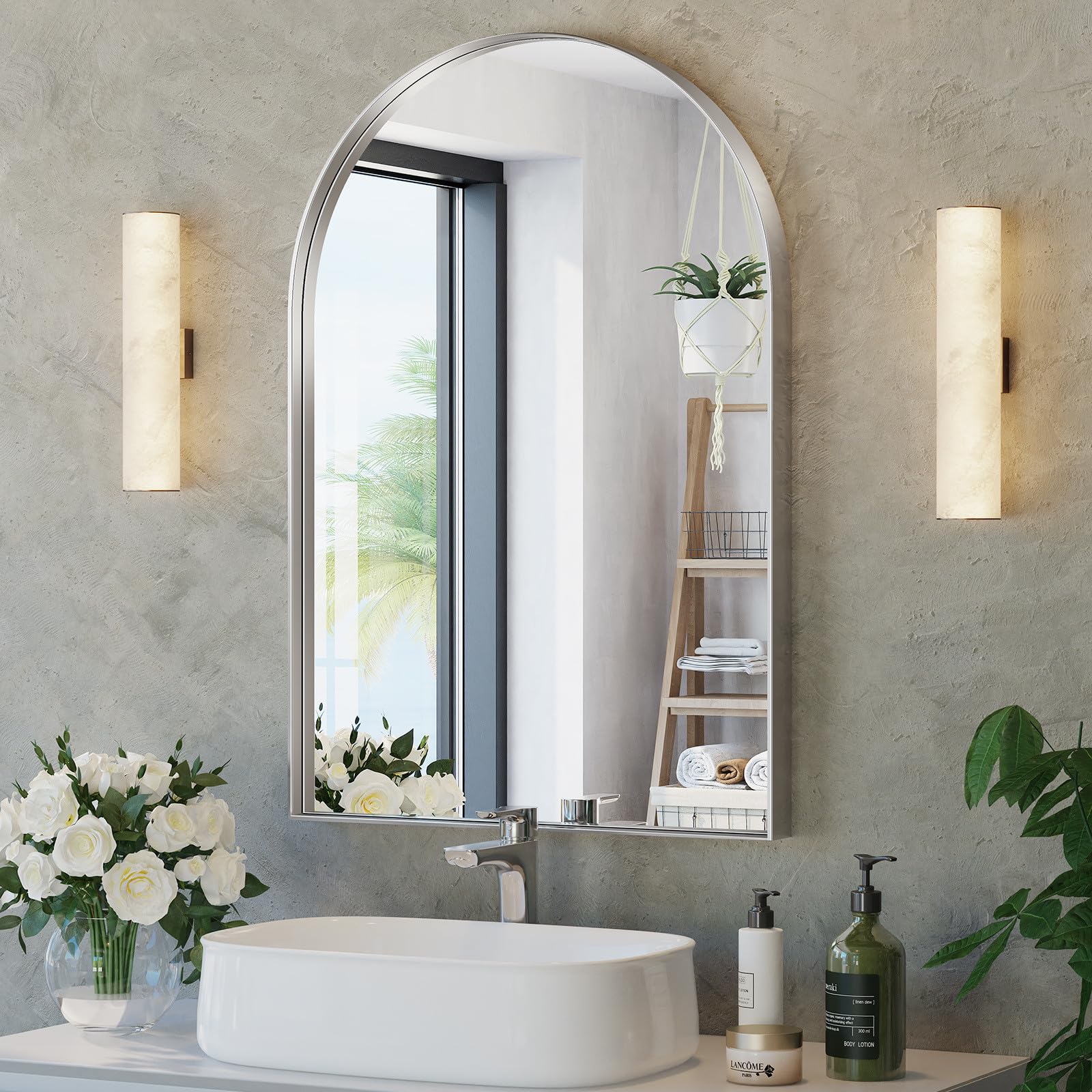 Brightify Arched Mirror, Arched Wall Mirror, 26 x 38 Inch Silver Arch Mirror, Metal Frame Silver Bathroom Mirror, Arched Top Bathroom Vanity Mirror