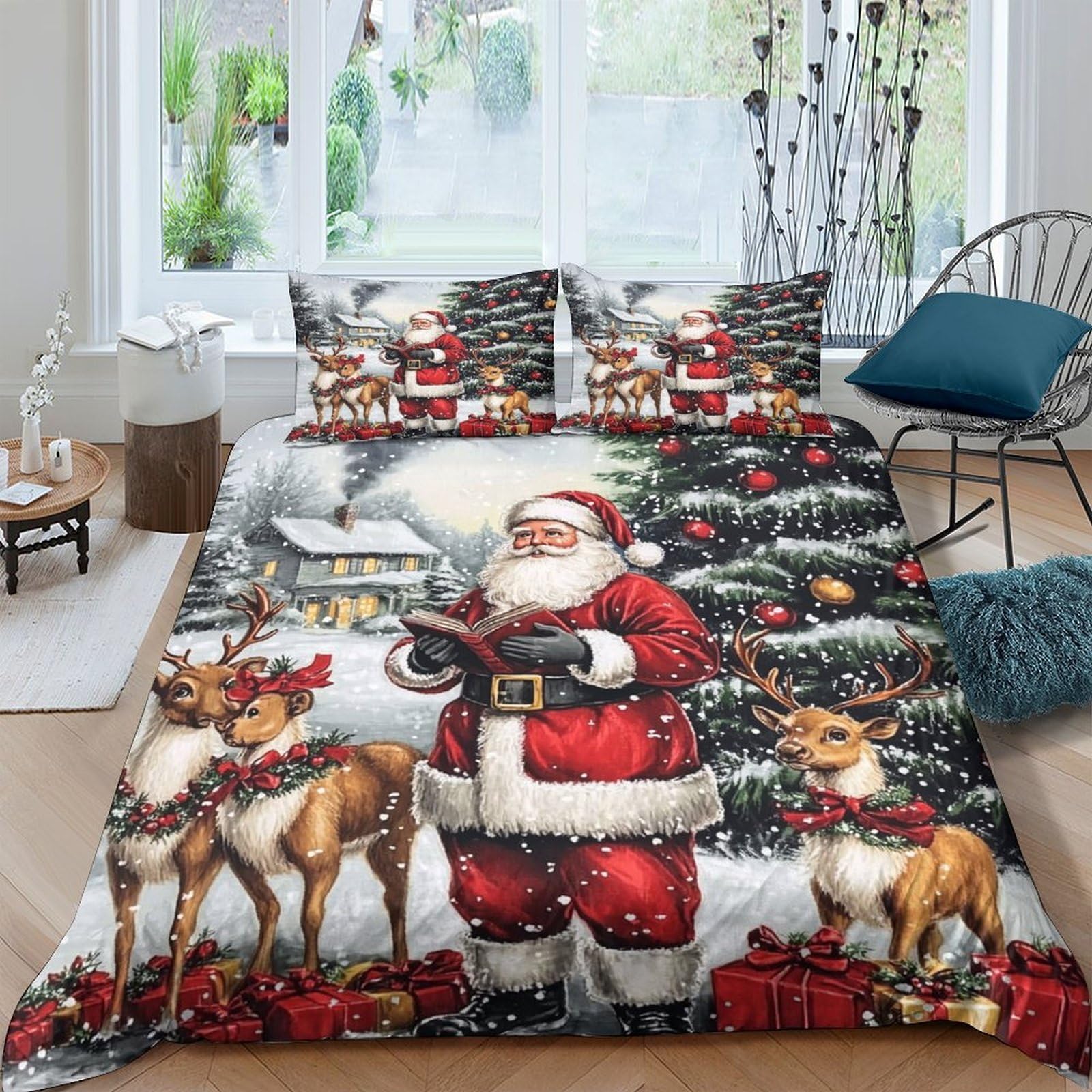 Ctjqhvkz Style-5 3D Printed Santa Claus Christmas Fitted Sheet Microfiber Soft Red Elk Bed Cover Non Slip Easy Care For Bedroom Guest Room Single（135X200cm）