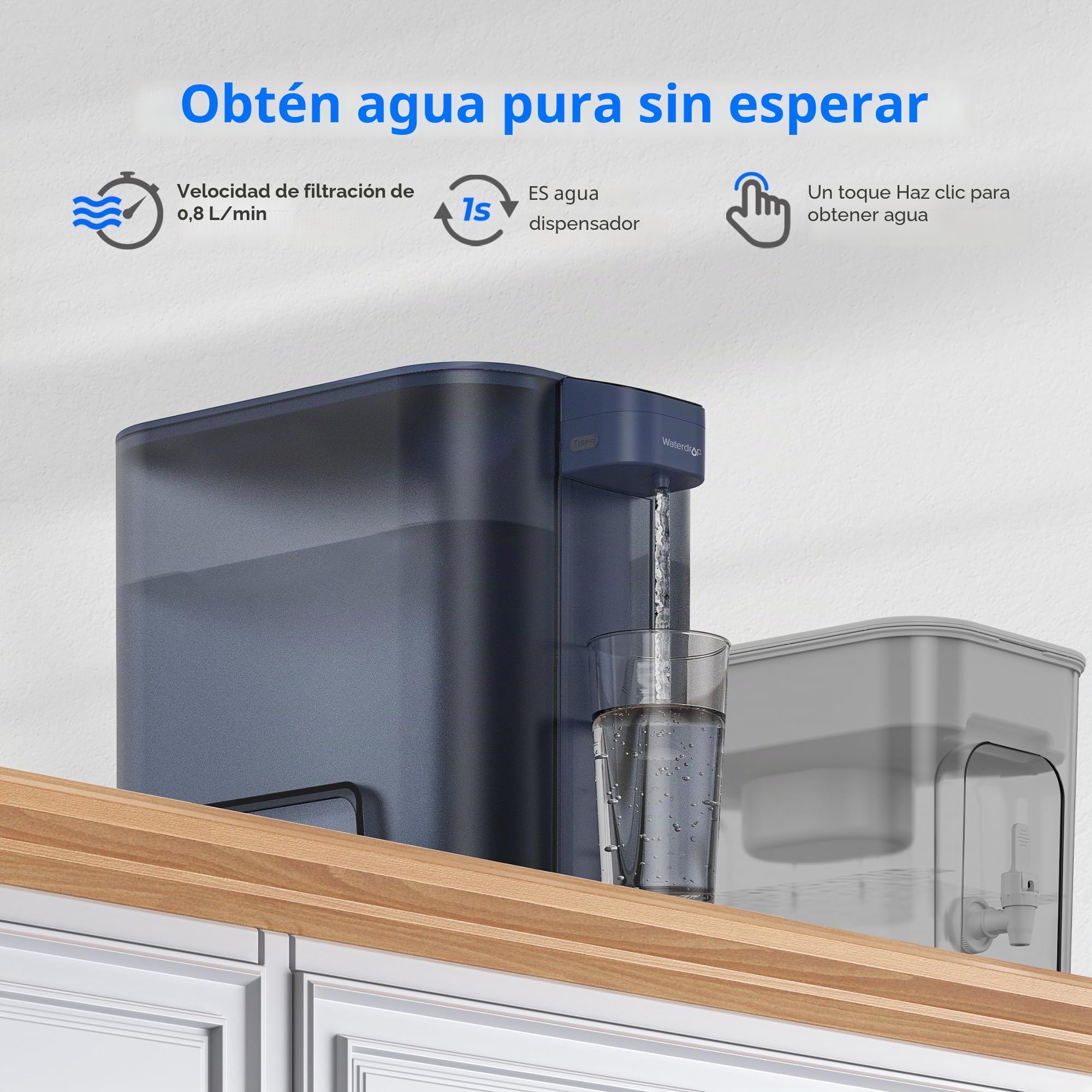Waterdrop Mega Jarra Eléctrica con Filtro de Agua con Filtro de 3 Meses, Sistema de Filtro de Agua para Encimera de 6L, Reduce Cloro, Plomo, Mercurio, Reduce PFAS, PFOA/PFOS, 757 Litros, Azul