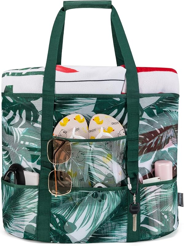 Mesh Beach Bag, Extra Large Beach Bags with 9 Pockets & Zipper Waterproof Lightweight Beach Tote for Beach/Pool Trip