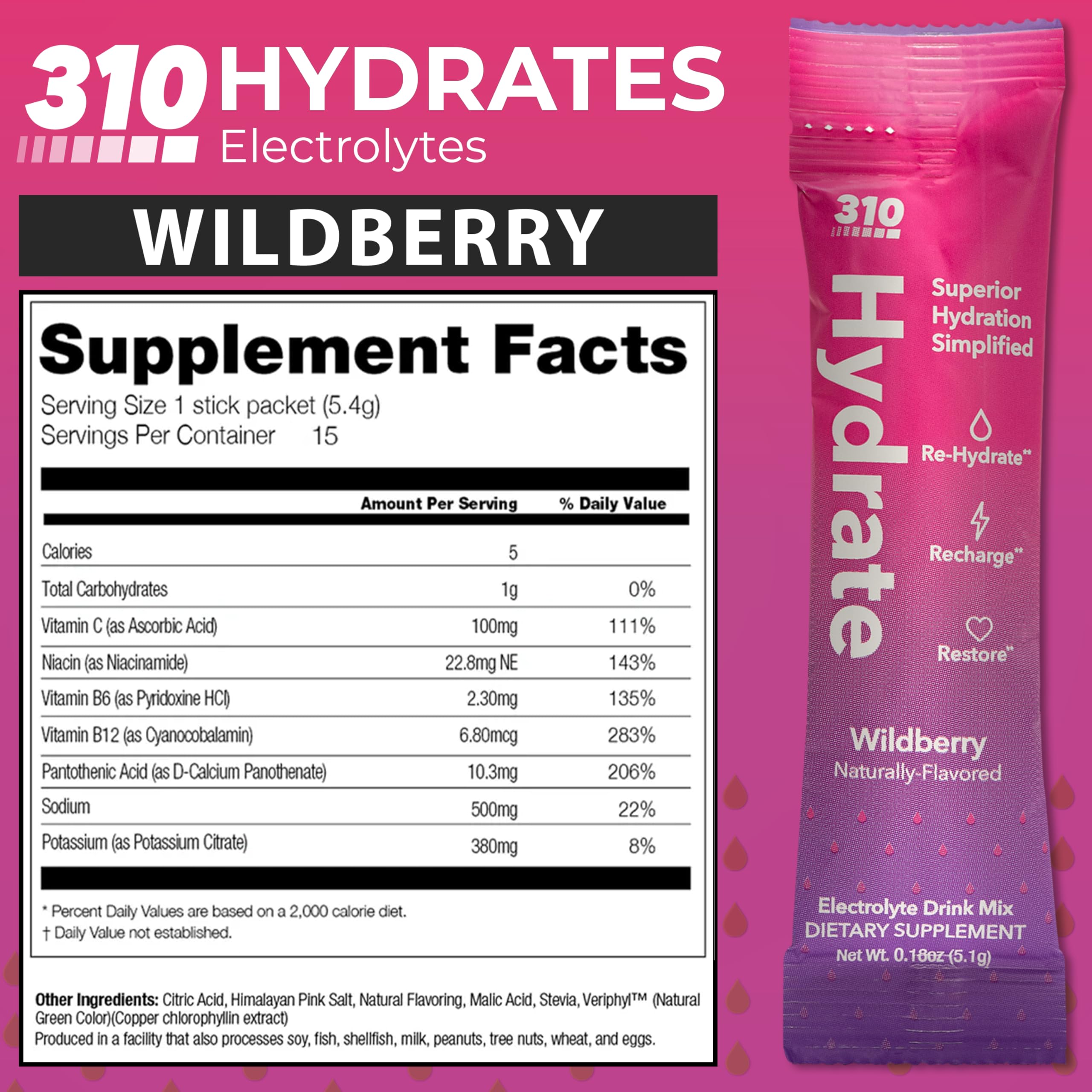 310 Nutrition Sugar Free Electrolytes Powder - Instant Hydration Packets for Daily Fluid Balance - Caffeine-Free Rehydration Drink Mix, Low Calorie & Keto Friendly - Wildberry 15 Singles thumbnail 7