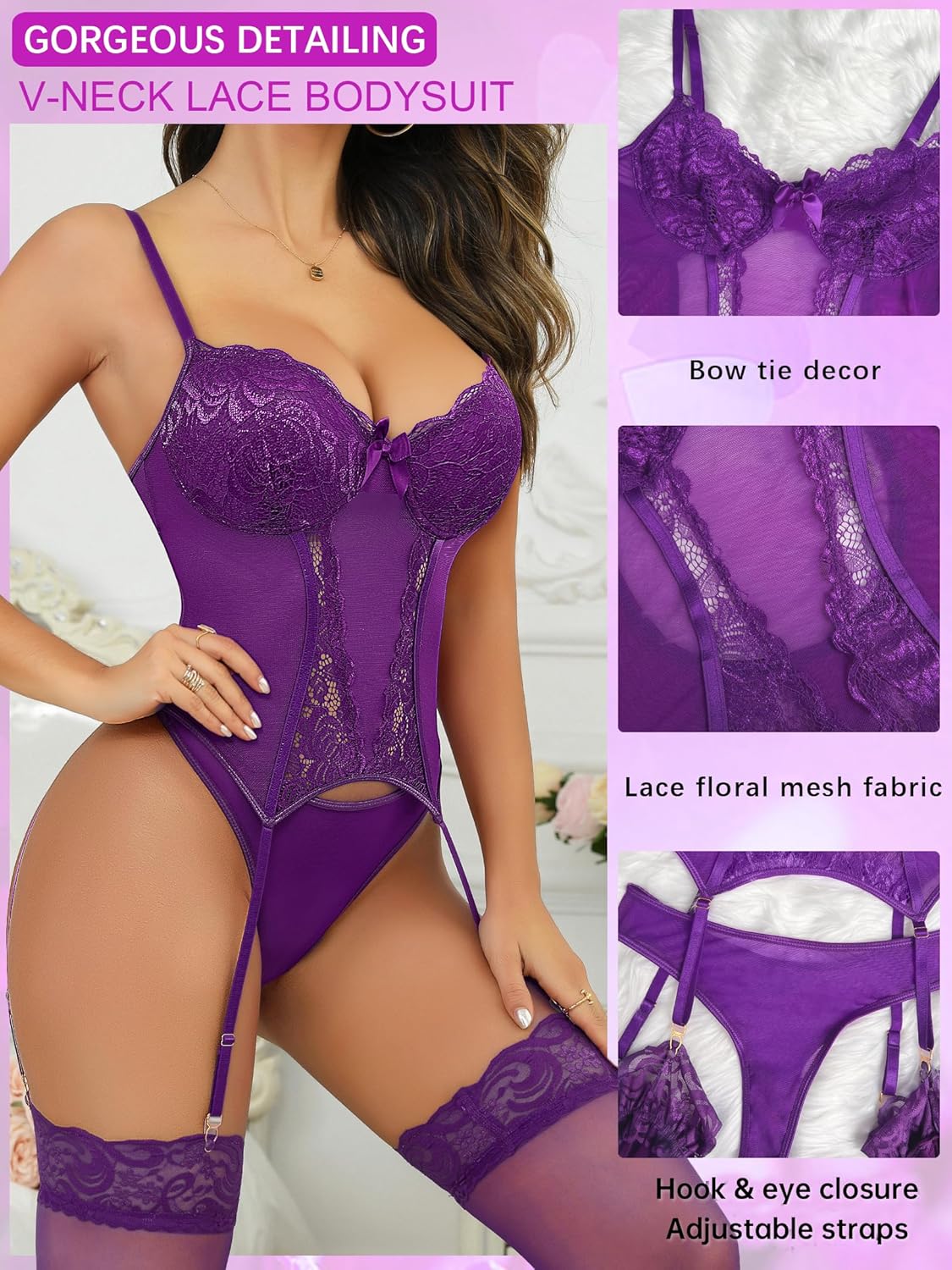 Women's Sexy Lingerie Set with Garter Belt Lace Bodysuit Teddy Baby Dolls Panty with Stockings - Image 3