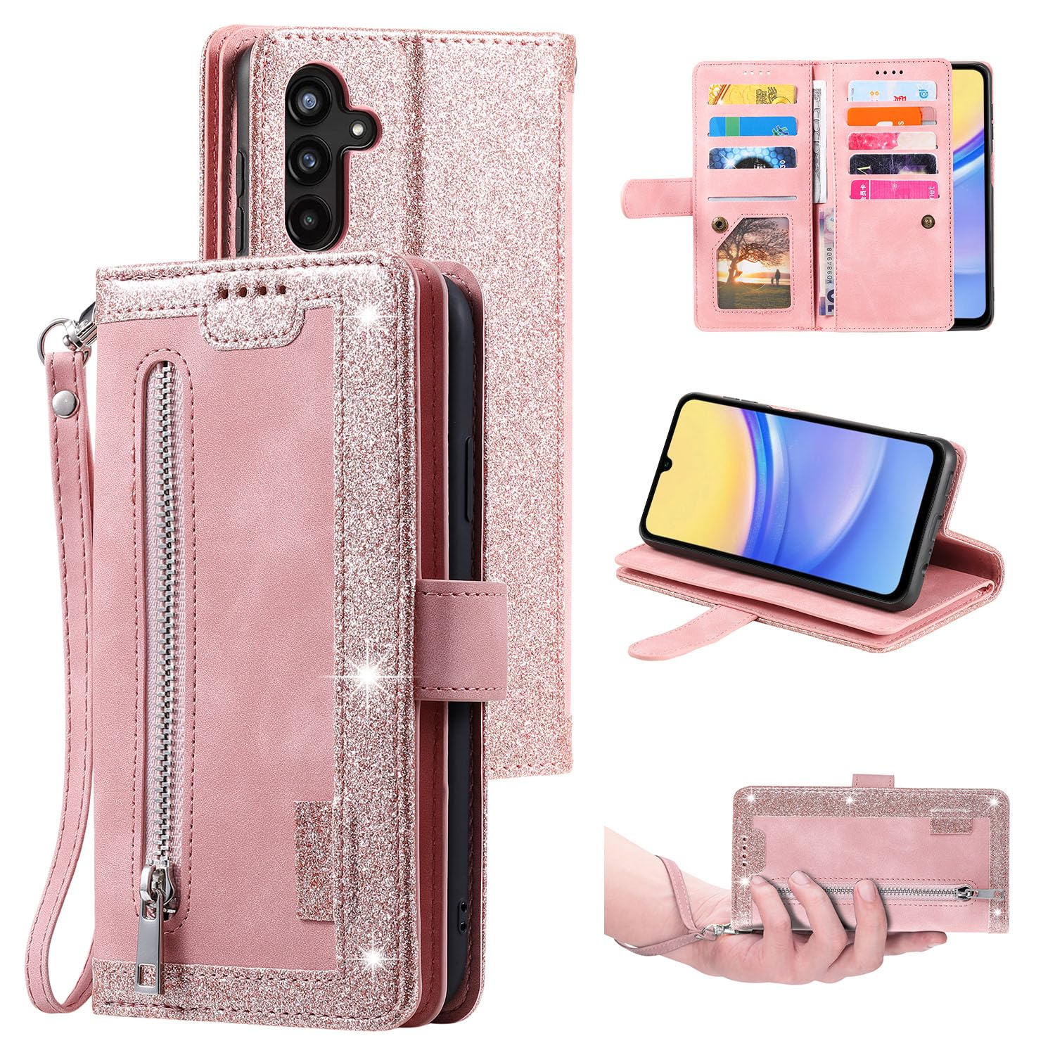 UEEBAI Wallet Case for Samsung Galaxy A16 4G/5G, 9 Card Holder Slots Zipper Pocket Handbag Wallet Magnetic Closure Kickstand with Wrist Strap TPU