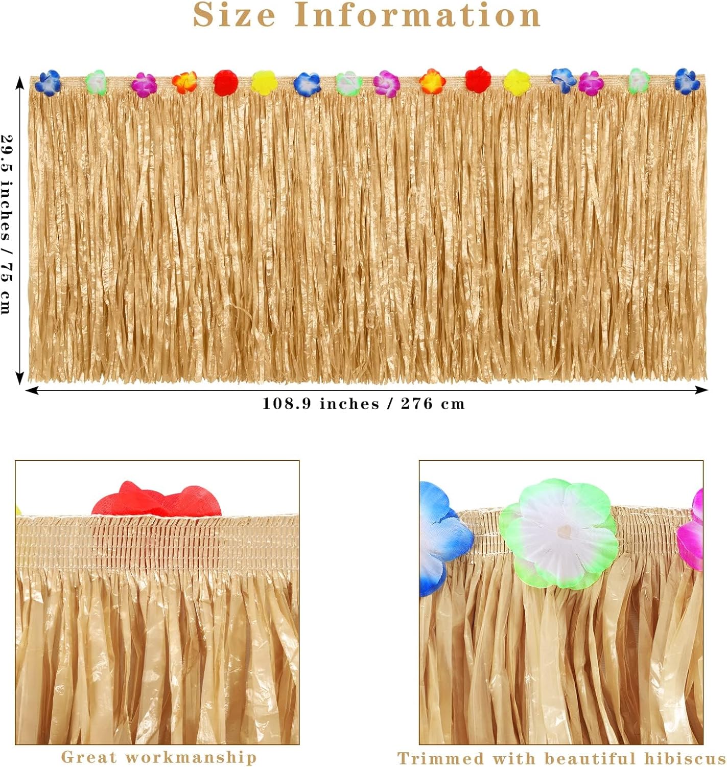Aodaer 4 Pack Thickened Grass Table Skirt Natural with Hibiscus Flowers 400g Hawaiian Luau Tropical Party Decor Fringe Party Decoration for Costume Tiki Tropical Hawaii Moana Birthday, Straw Yellow - Image 2