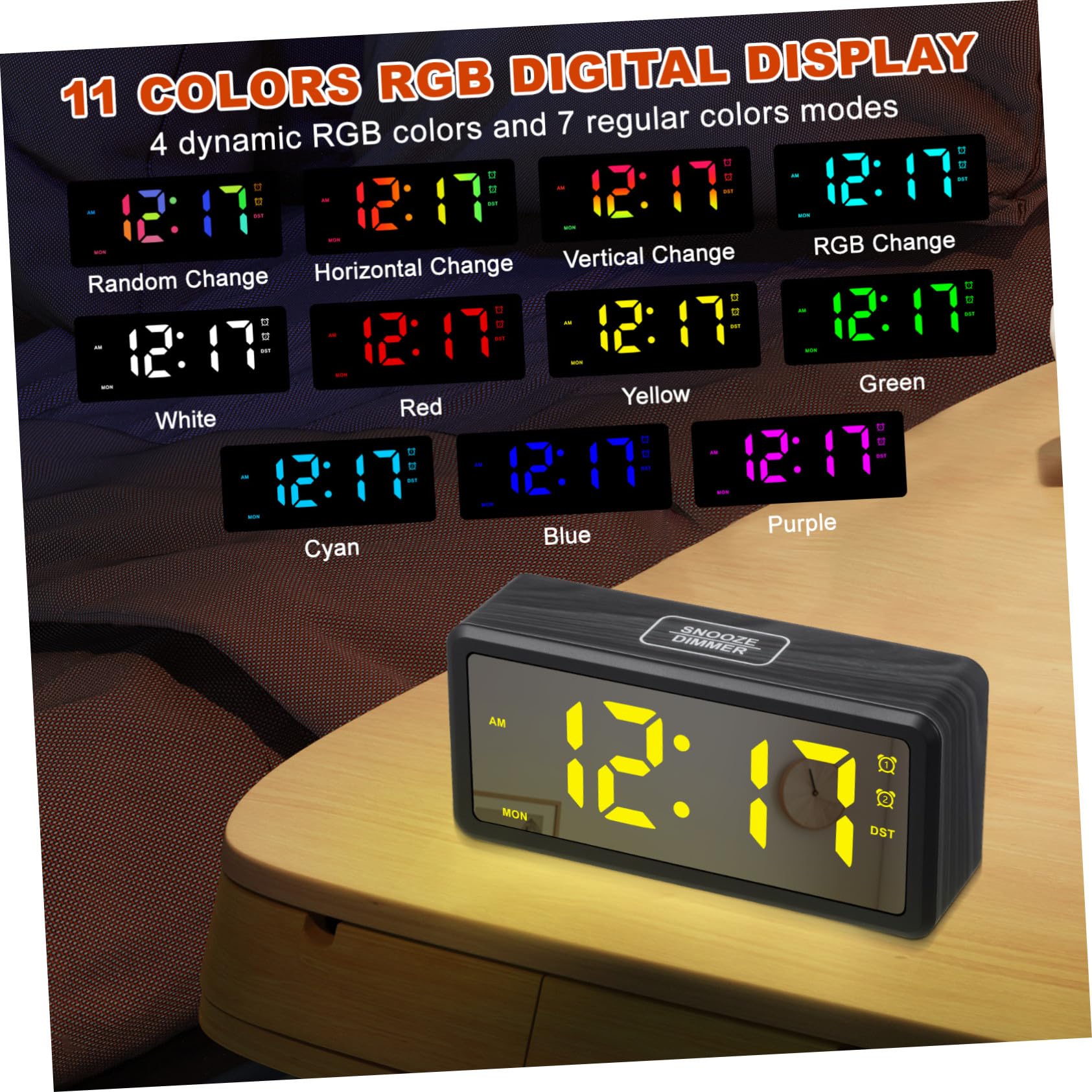 Reloj Despertador Digital LED con Ajuste Manual DST Iluminación RGB Regulable Indicador Claro de Días Semana para Mesilla de Dormitorio y Escritorio