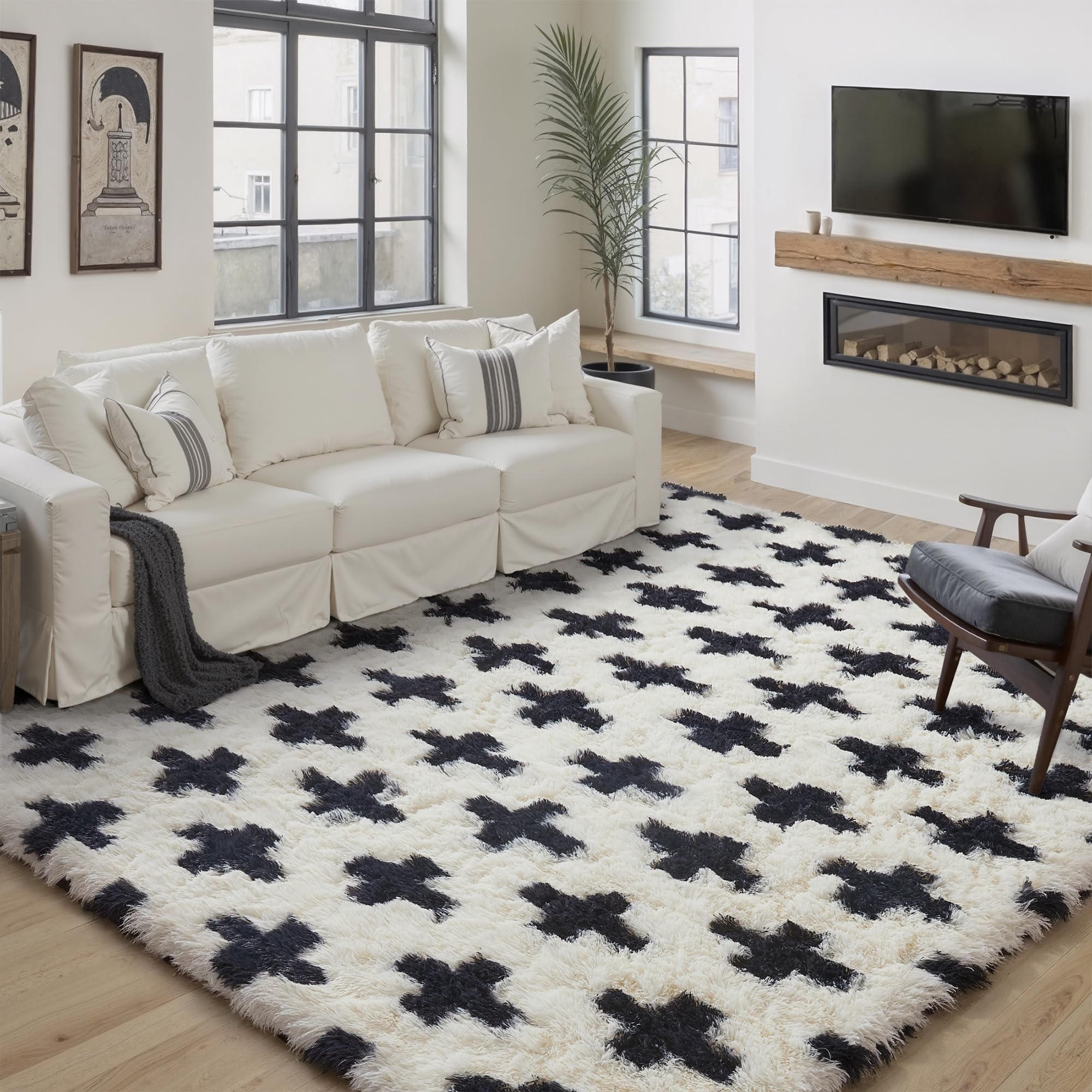 PureCozy Soft Shag Rug 5x8 for Living Room High Pile Non-Slip Fluffy Carpet | Machine Washable, Black and White, Pet Friendly, Cozy for Bedroom, Kids Room, Playroom, Nursery Room, Office, Modern Decor