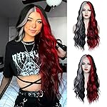 WECAN Black Red Gray Wig 28 Inches Long Black Red Wavy Wigs For Women Synthetic Hair Replacement Wigs Halloween Cosplay Daily Party Heat-Resistant Fiber Wig black/red/gray