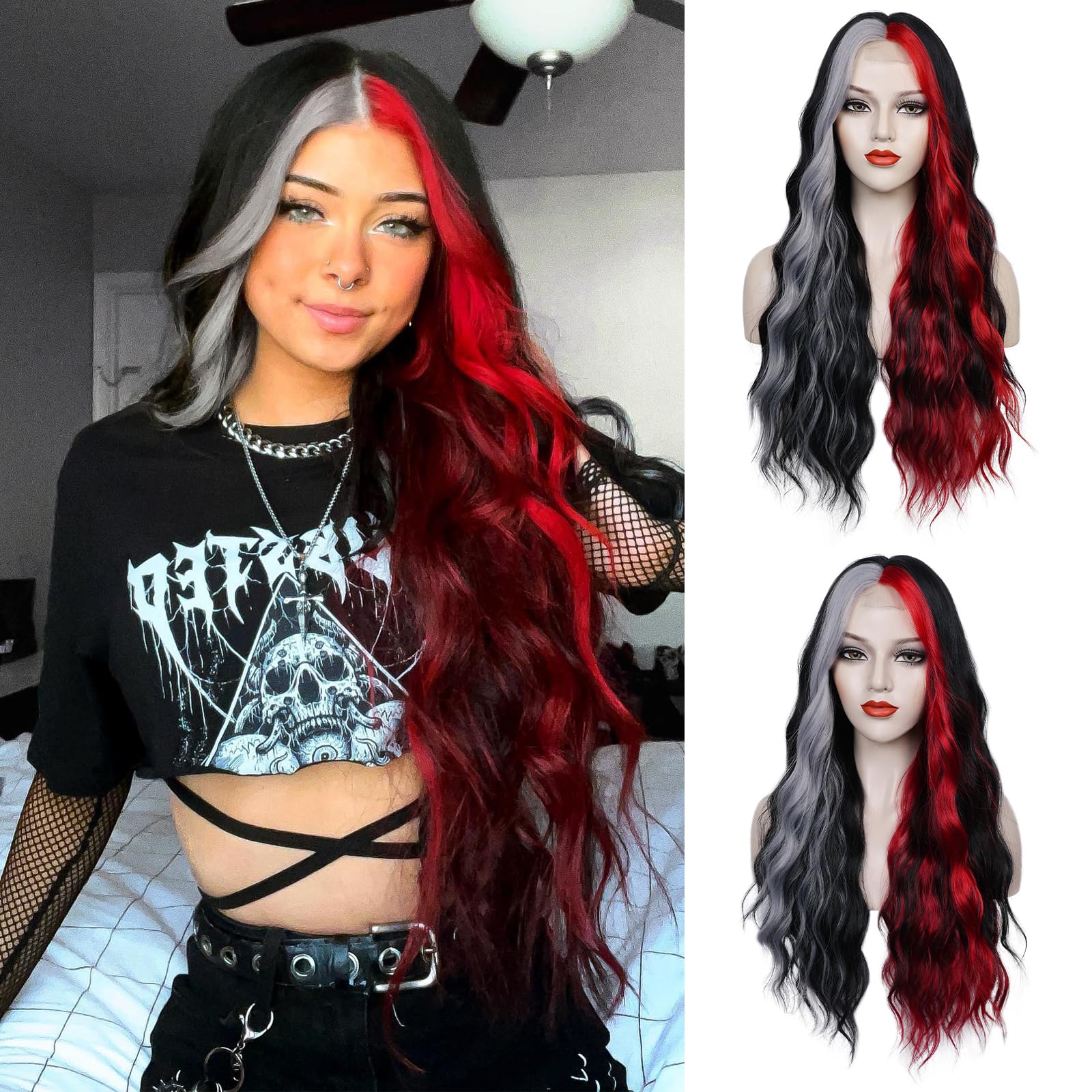 WECAN Black Red Gray Wig 28 Inches Long Black Red Wavy Wigs For Women Synthetic Hair Replacement Wigs Halloween Cosplay Daily Party Heat-Resistant Fiber Wig ?black/red/gray?