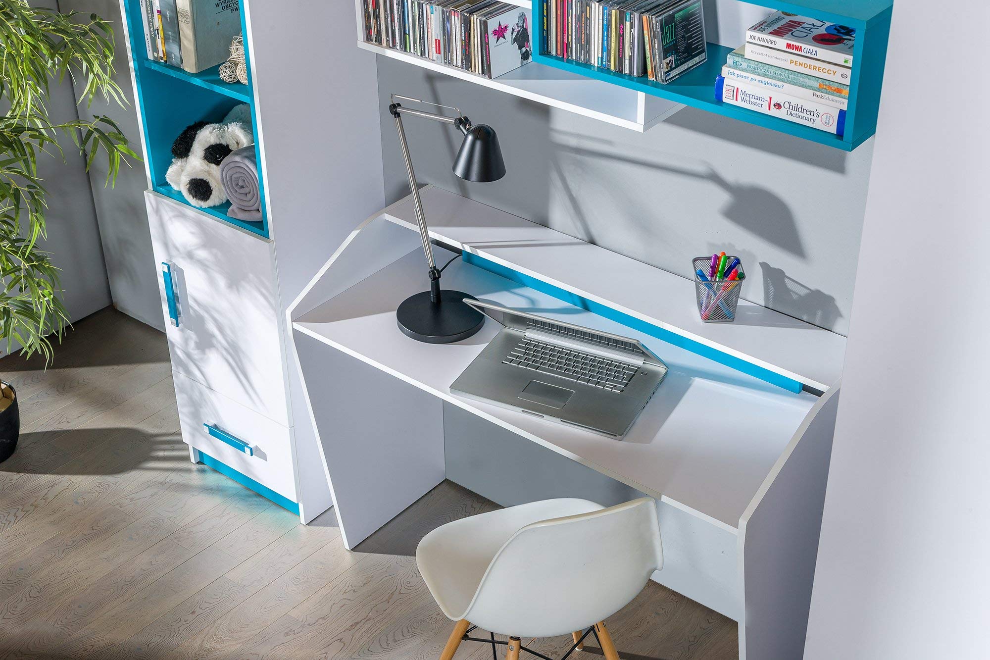 Furniture24 Schrank TRAFIKO 03, Hochschrank mit 3 Türen und Schublade für Jugendzimmer, Kinderzimmer (Weiß/Türkis)