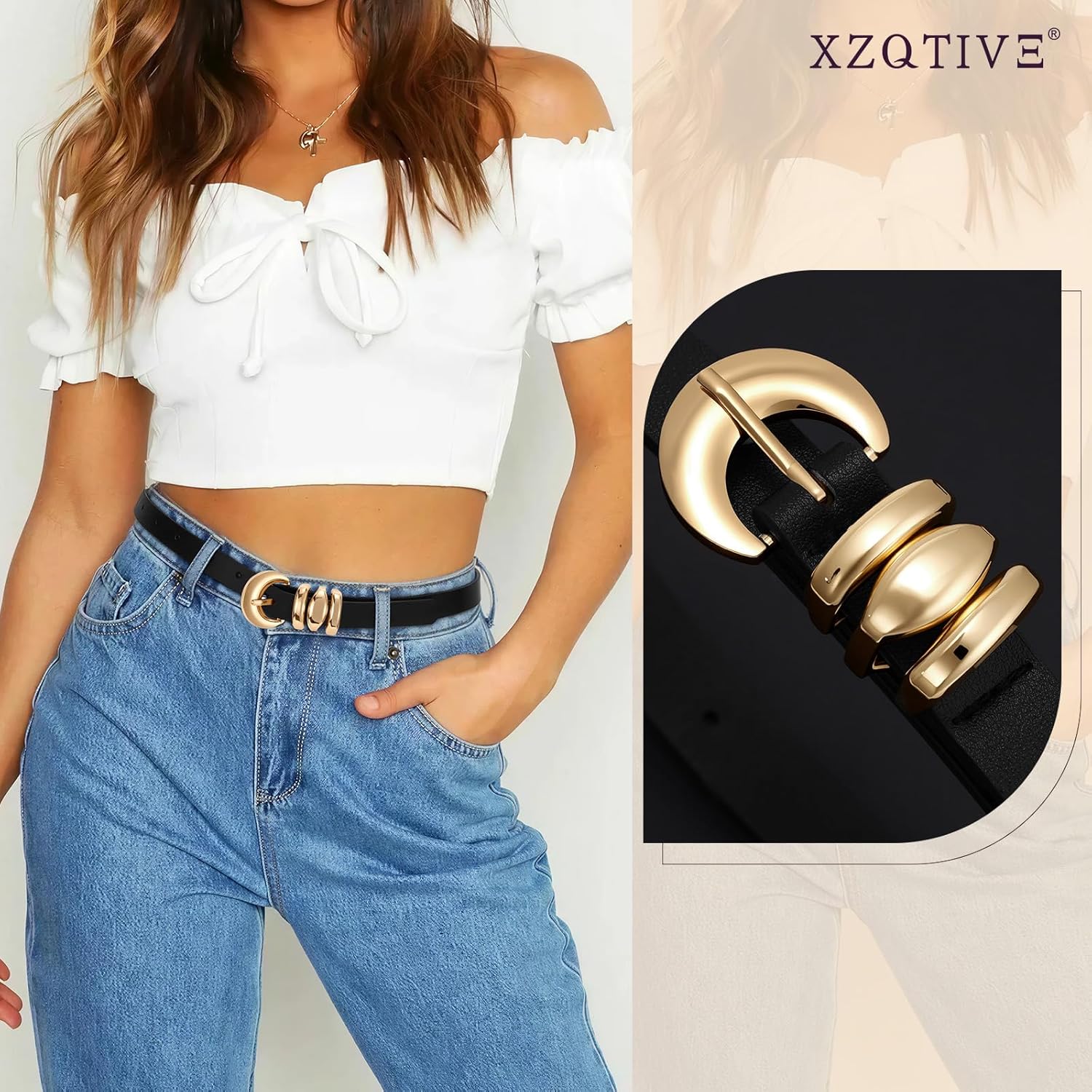 XZQTIVE 2 Pack 0.71'' Womens Skinny Leather Belts for Ladies Thin Waist Belt for Jeans Dress Pants with Fashion Gold Buckle - Image 4