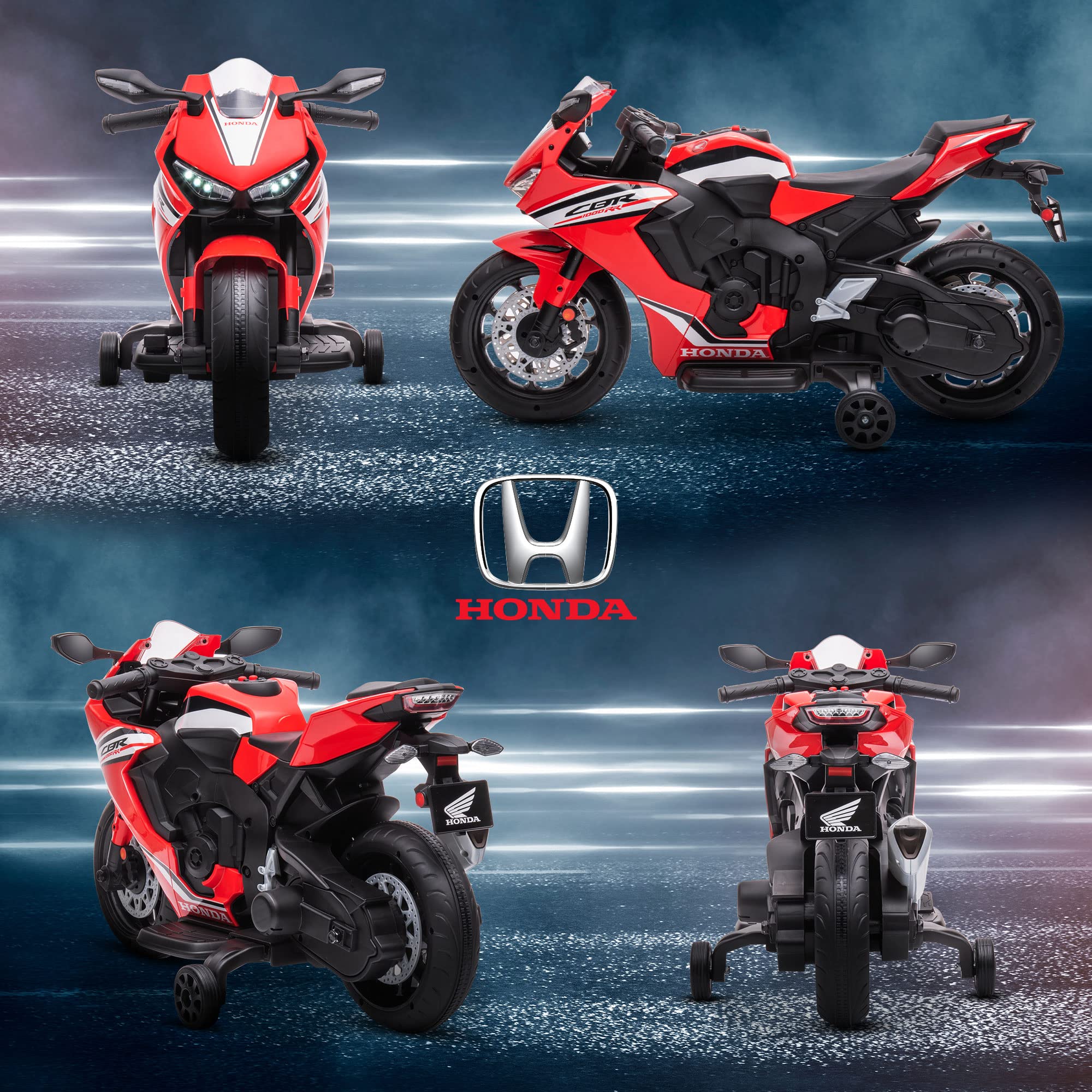 HOMCOM Moto Eléctrica con Licencia Honda para Niños de 3-5 Años Moto a Batería 6V con Faro Bocina Música y Ruedas Auxiliares Extraíbles Carga 30 kg 90x44x52 cm Rojo