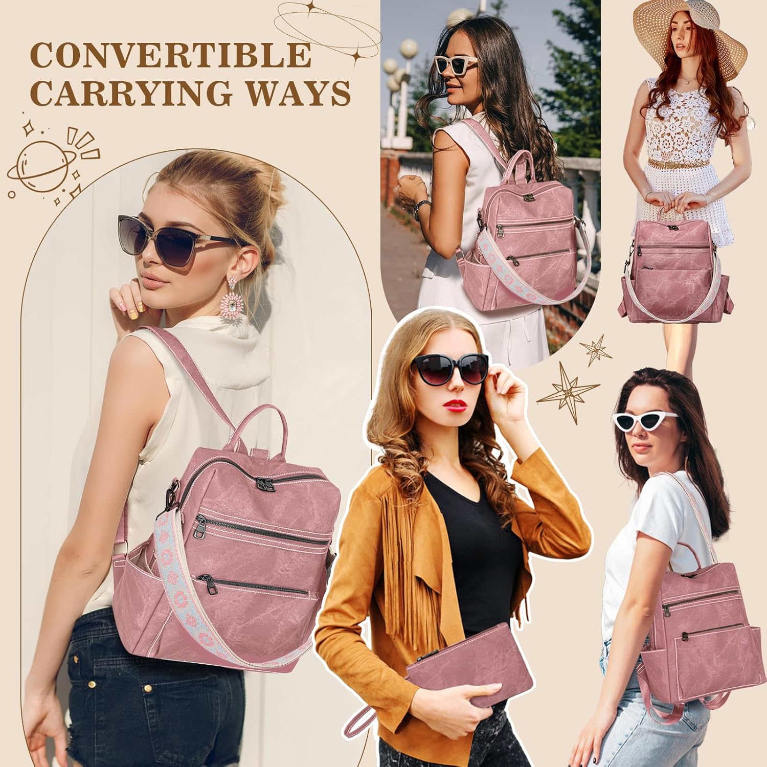 Backpack Purse for Women, PU Leather Backpack Purse, Waterproof Anti-Theft Women Backpack, Fashion Multi-Pocket Shoulder Bag Handbag With Clutch, Pink - Image 5