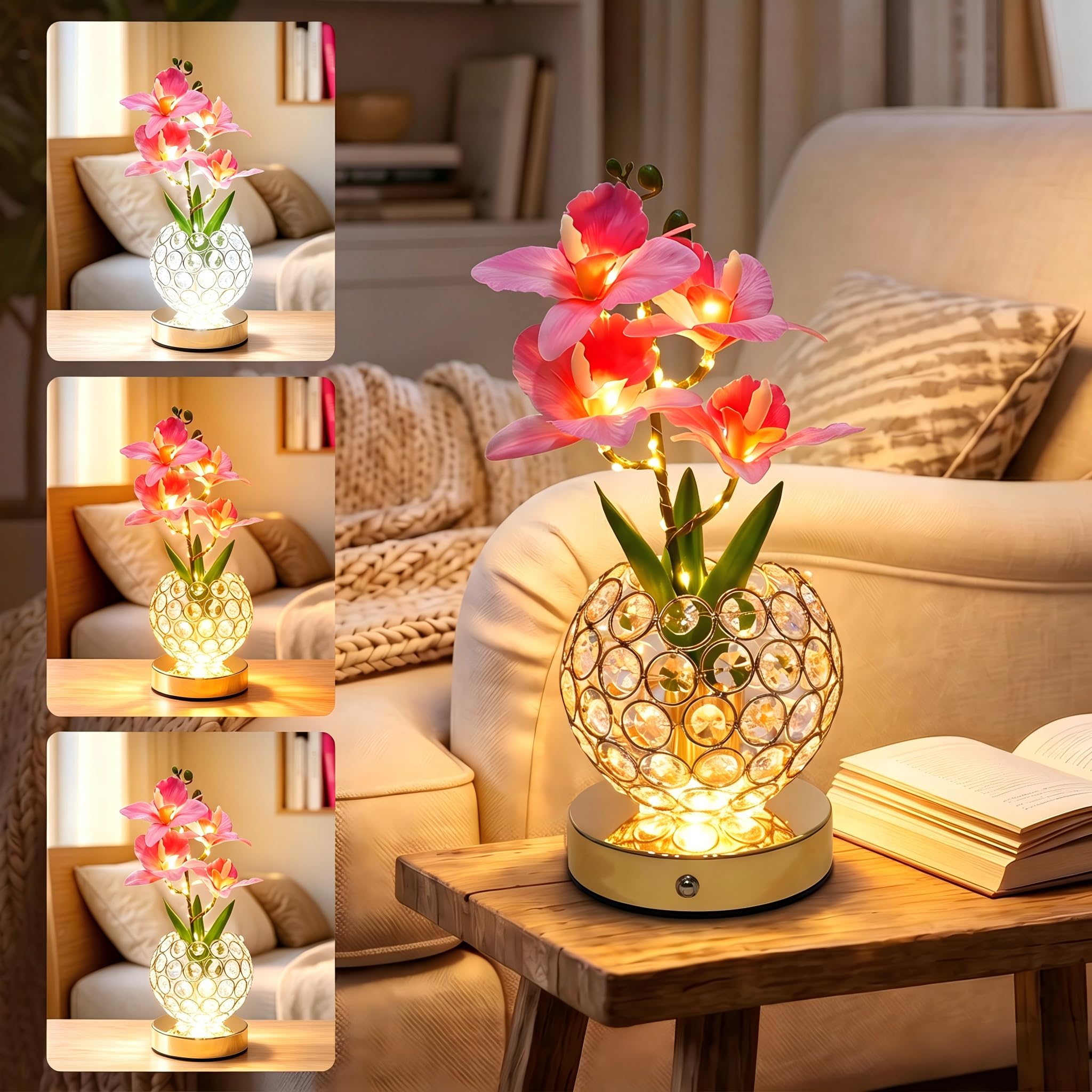 Phalaenopsis Orchid Flower Lamp - Crystal Artificial Flower Night Light with Vase - Stepless Dimming Touch Control LED Table Lamp - USB Rechargeable Desk Light for Home Decor, Bedroom, Birthday Gift