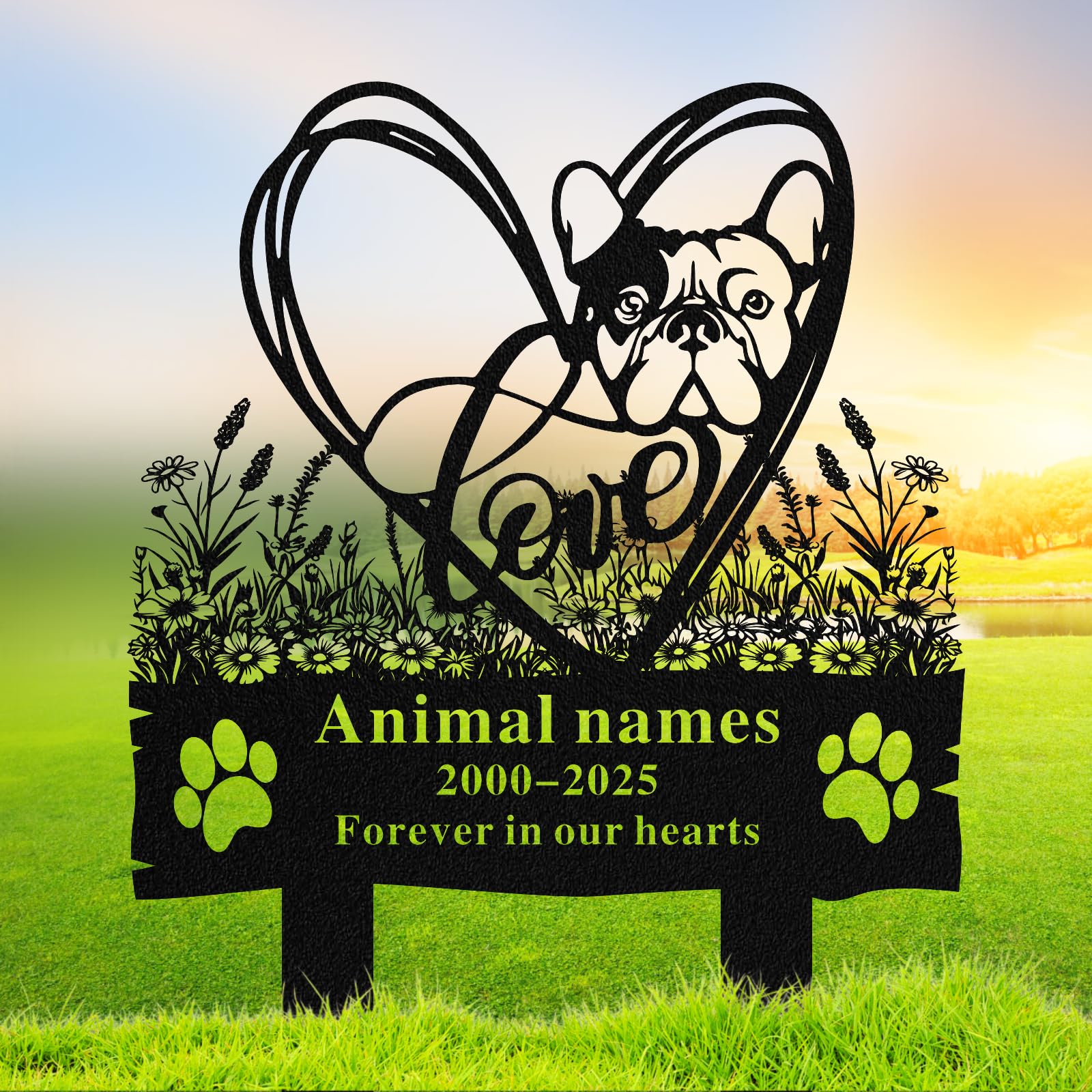 Quanqiuyi Sweet Pug Memorial Stake - Heart-Shaped Metal Grave Marker, Waterproof Pet Plaque for Garden, Sympathy Gift for Pug Owners with Love